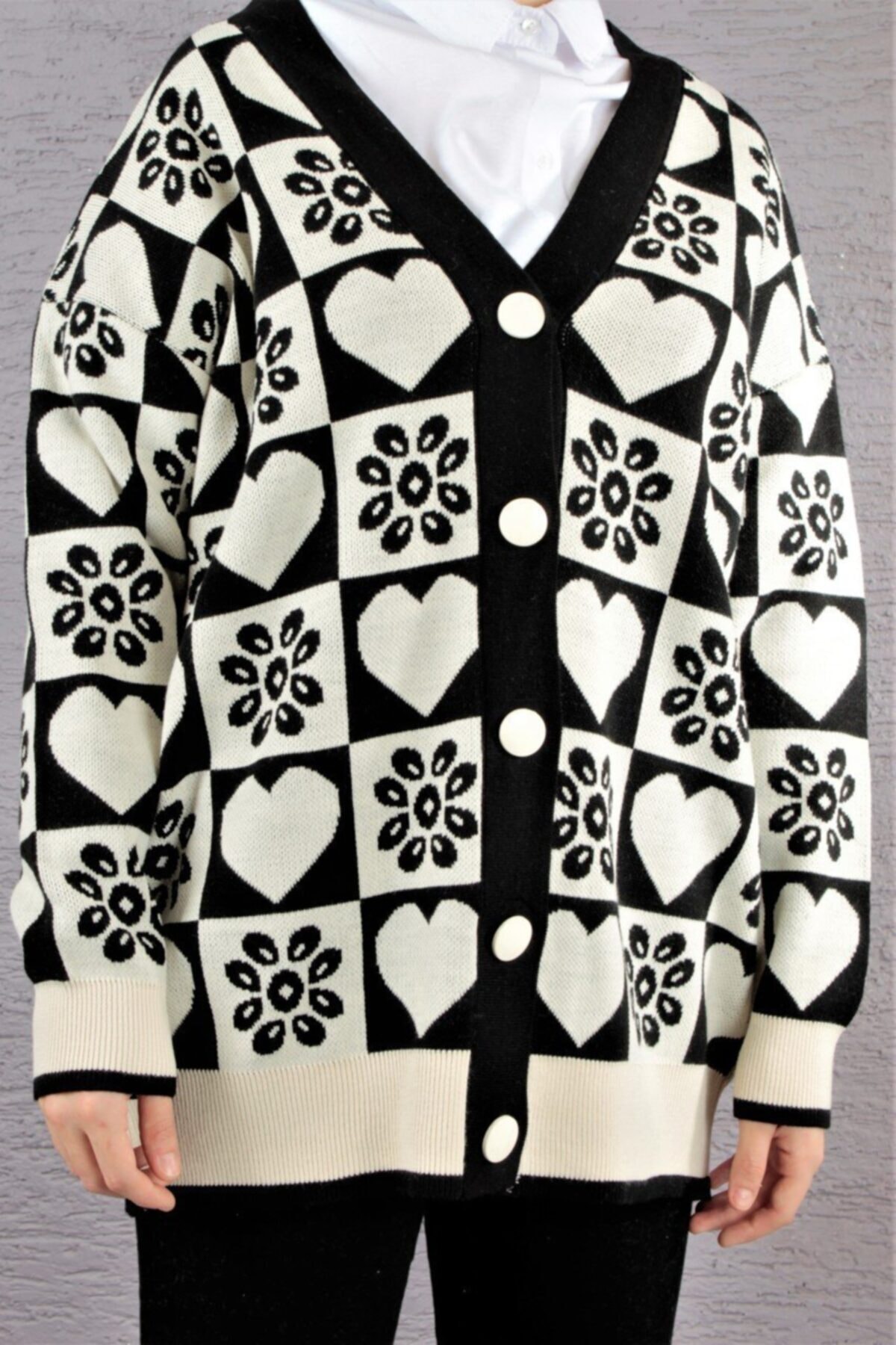 BİNYILDIZ 6313 Kadın Desenli Boydan Düğmeli Hırka