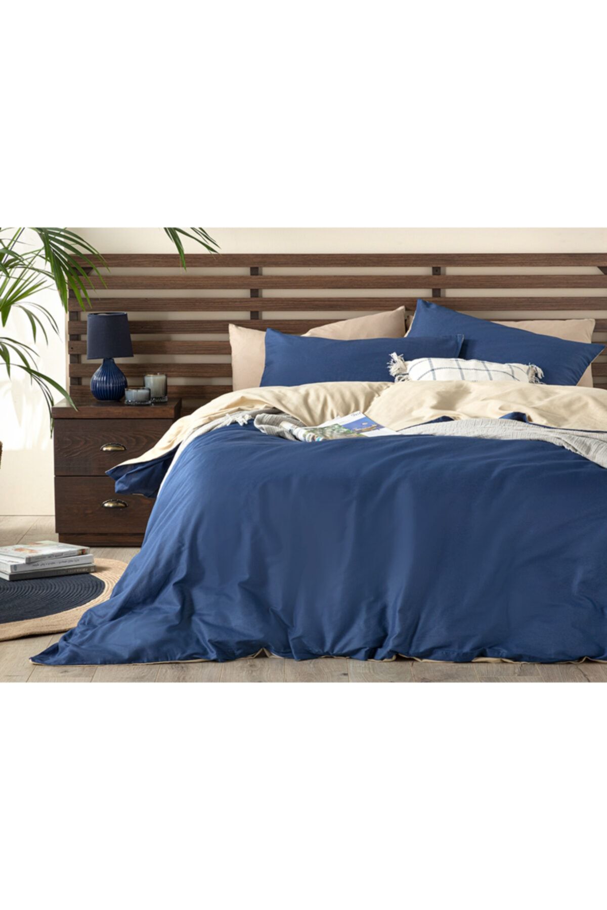 English Home Plain Pamuk Tek Kişilik Nevresim Takımı 160x220 Cm Lacivert - Bej