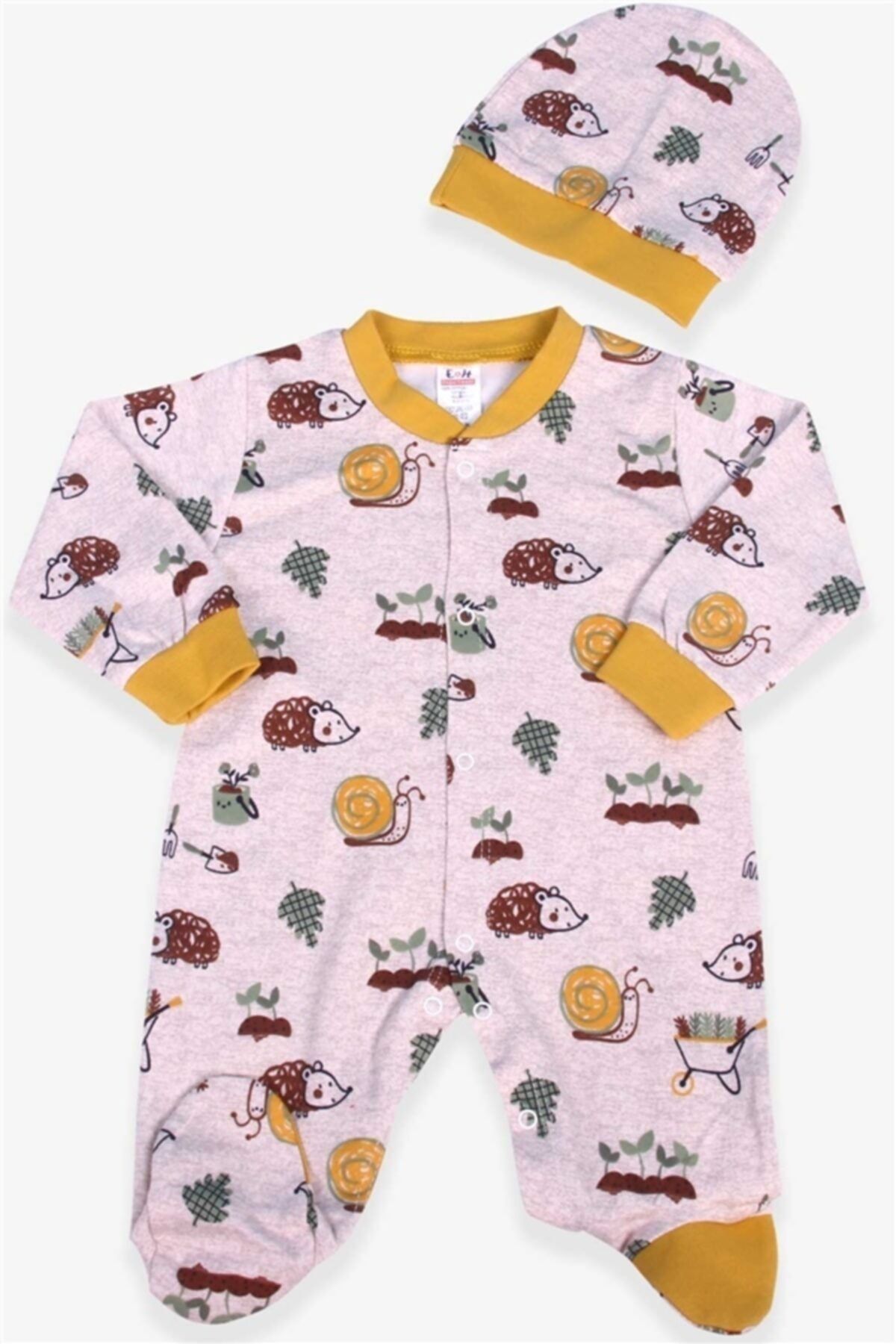 moto angela Erkek Bebek Tulum Kirpi Desenli Şapkalı Set Kahverengi Soft Giyim 0-3-6 Ay