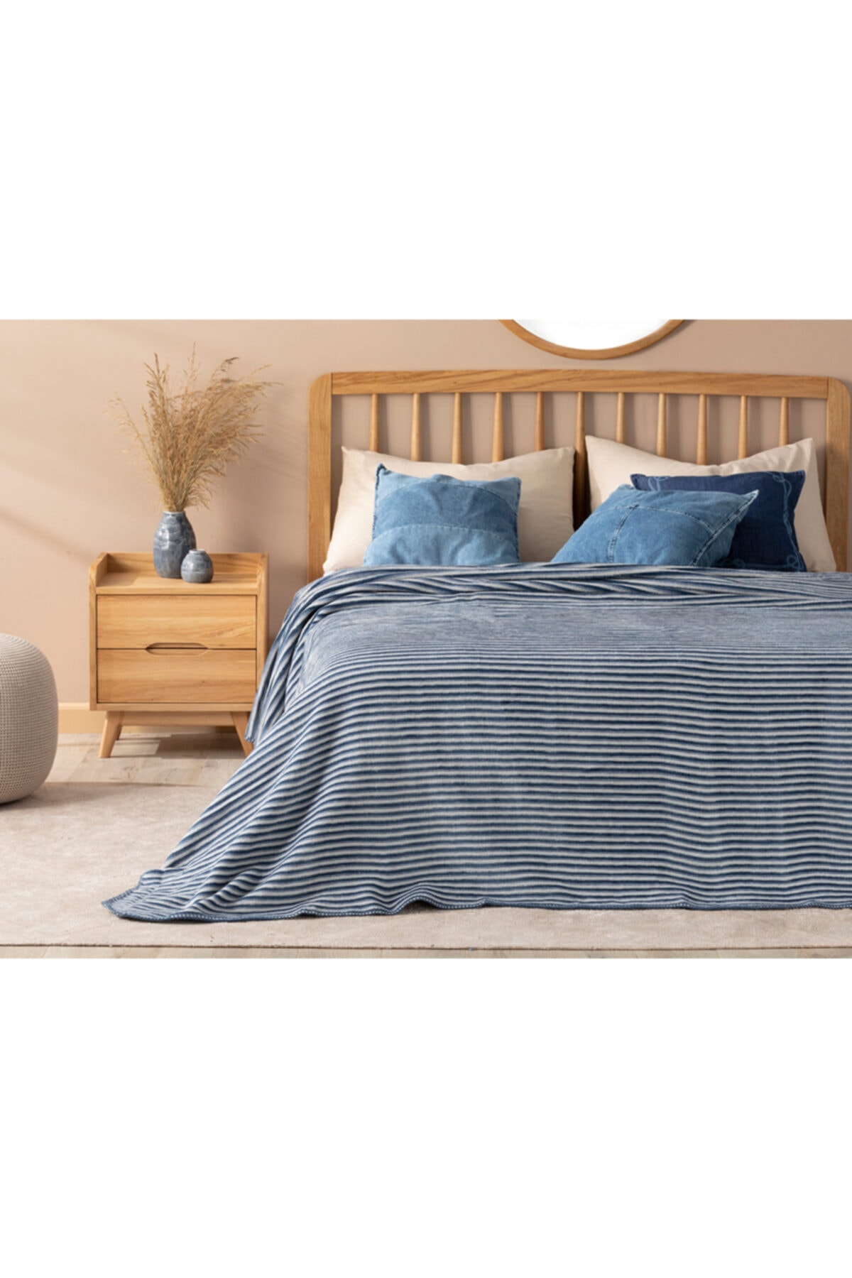 English Home Pinstripes Pamuklu Tek Kişilik Battaniye 150x200 cm Mavi