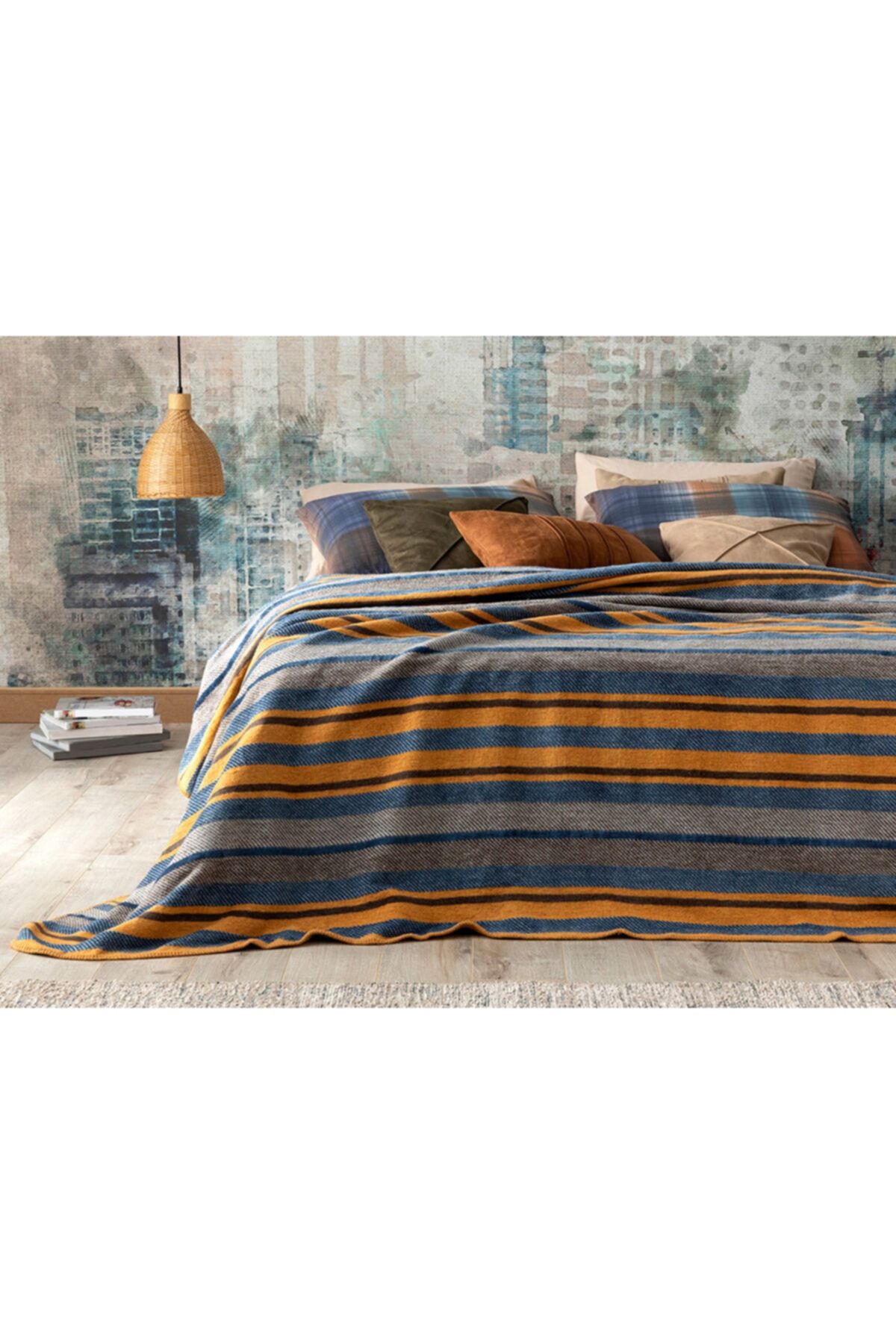 English Home Bold Stripe Pamuklu Tek Kişilik Battaniye 150x200 Cm Hardal - Mavi