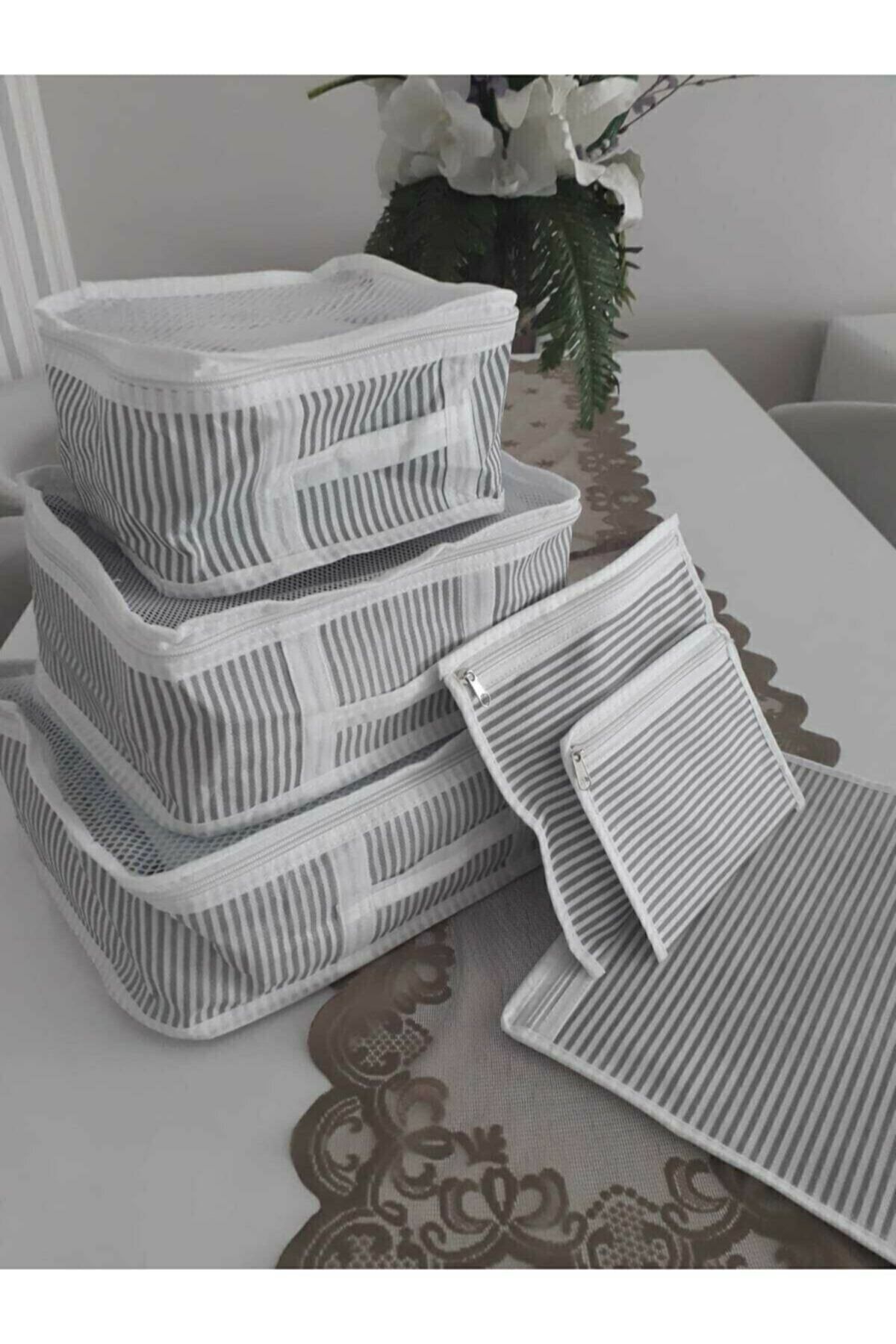 Kitch&Home Vivyan 6'lı Set Bavul Içi Düzenleyici, Bavul Organizer, Valiz Düzenleyici - Gri Çizgili