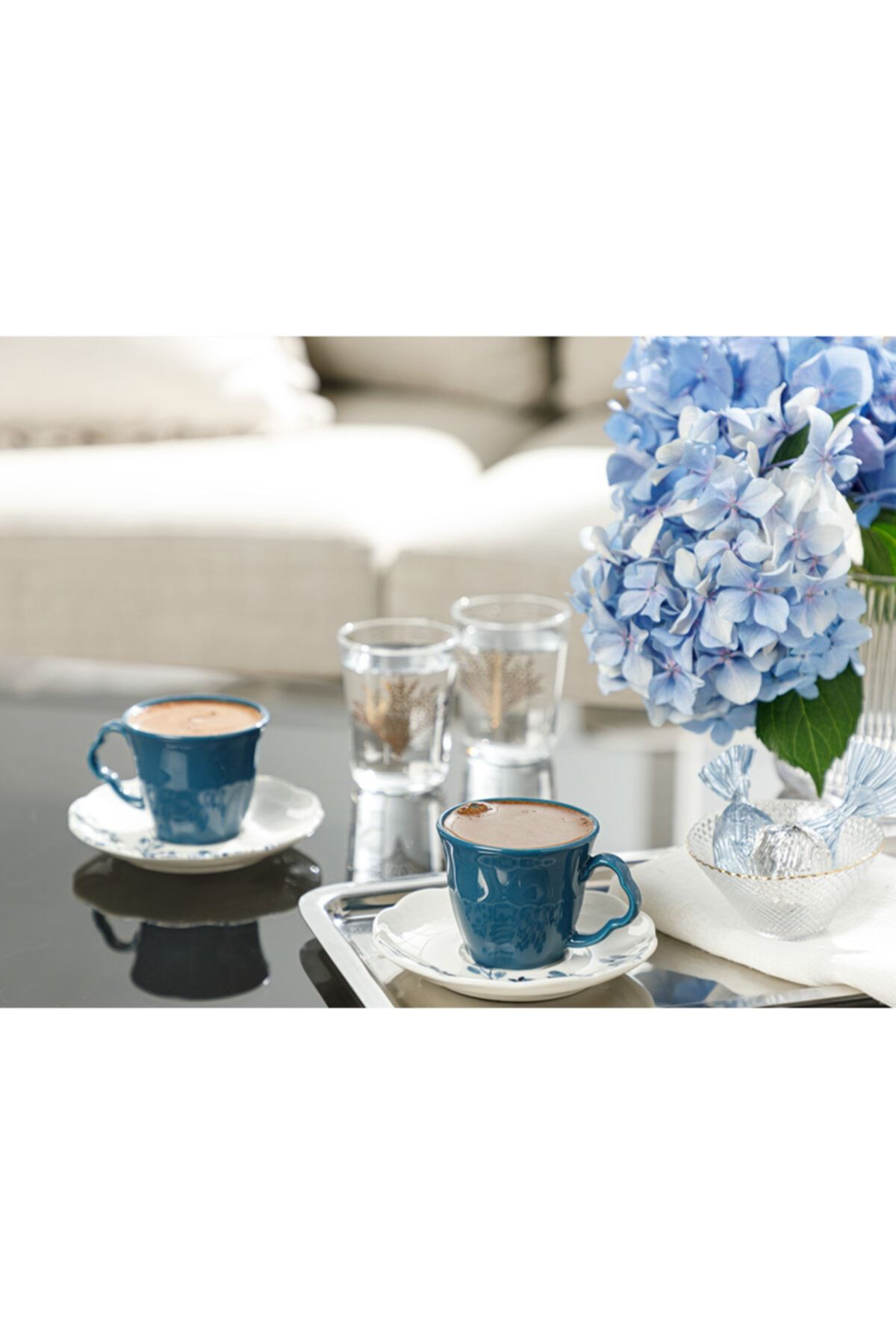 English Home Clover Flower Porselen 2 Kişilik Kahve Fincan Takımı 80 ml Beyaz - Mavi