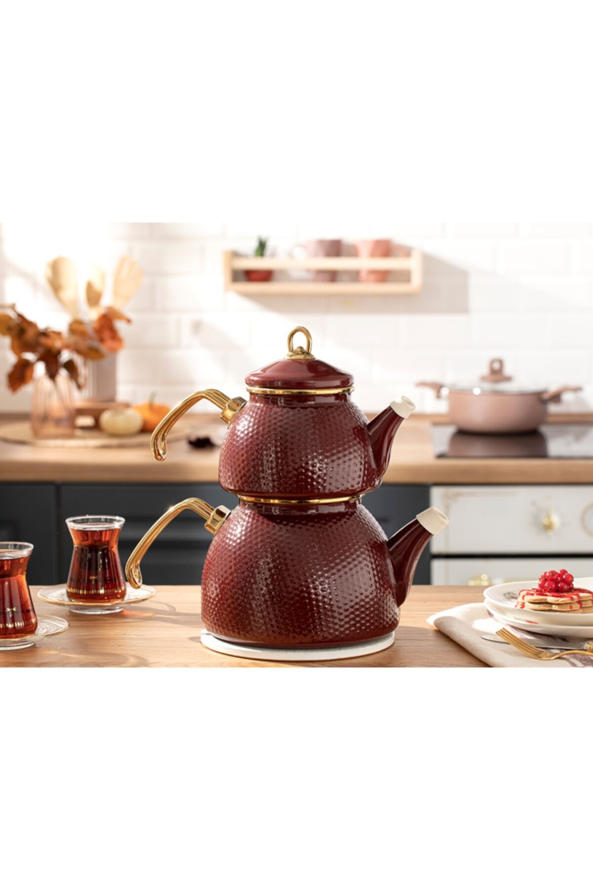 English Home Ceremony Emaye Çaydanlık 1,1 Litre + 2,3 Litre Bordo
