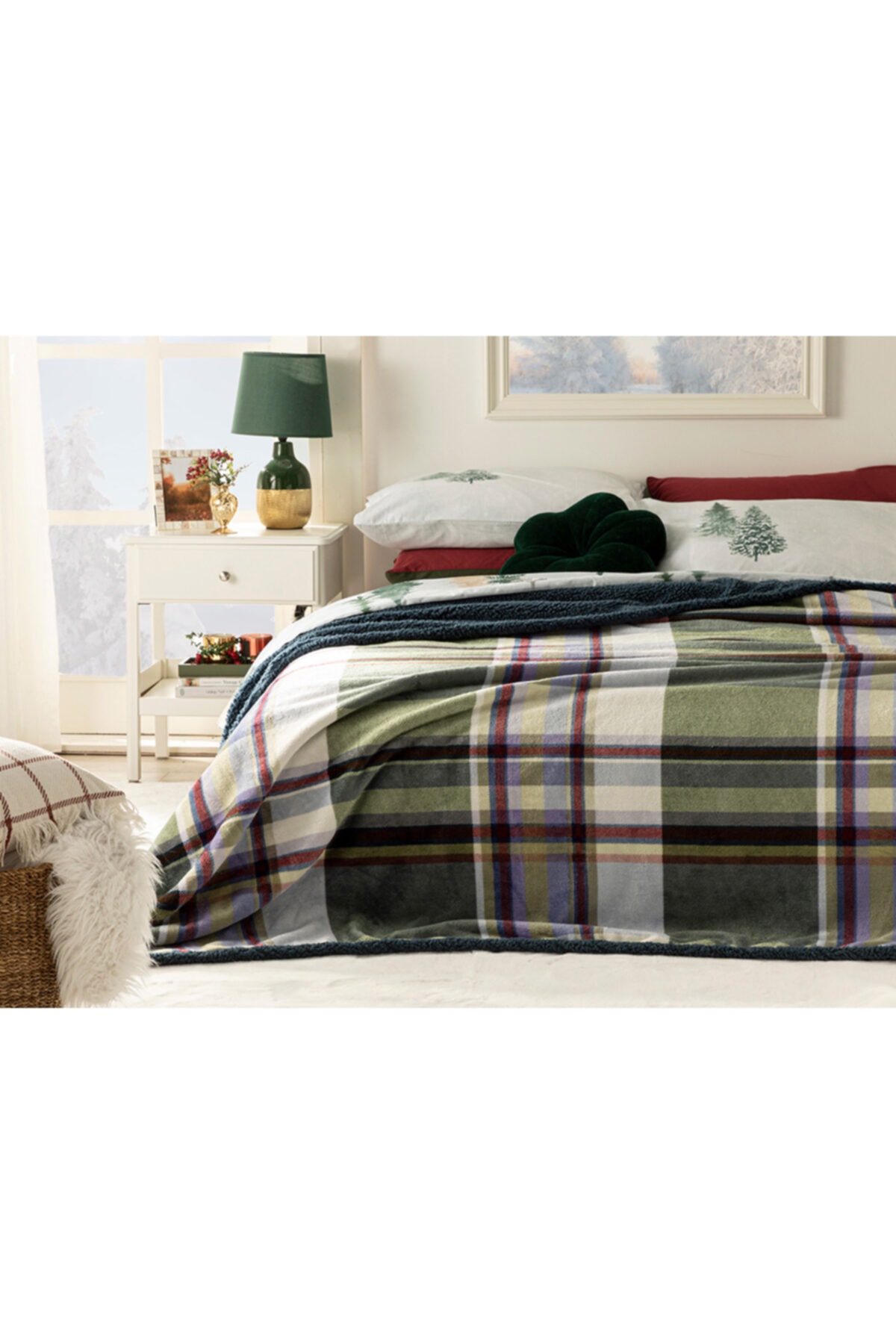 English Home Glen Sherpa Çift Kişilik Battaniye 200x220 Cm Mavi - Yeşil-yılbaşı Özel