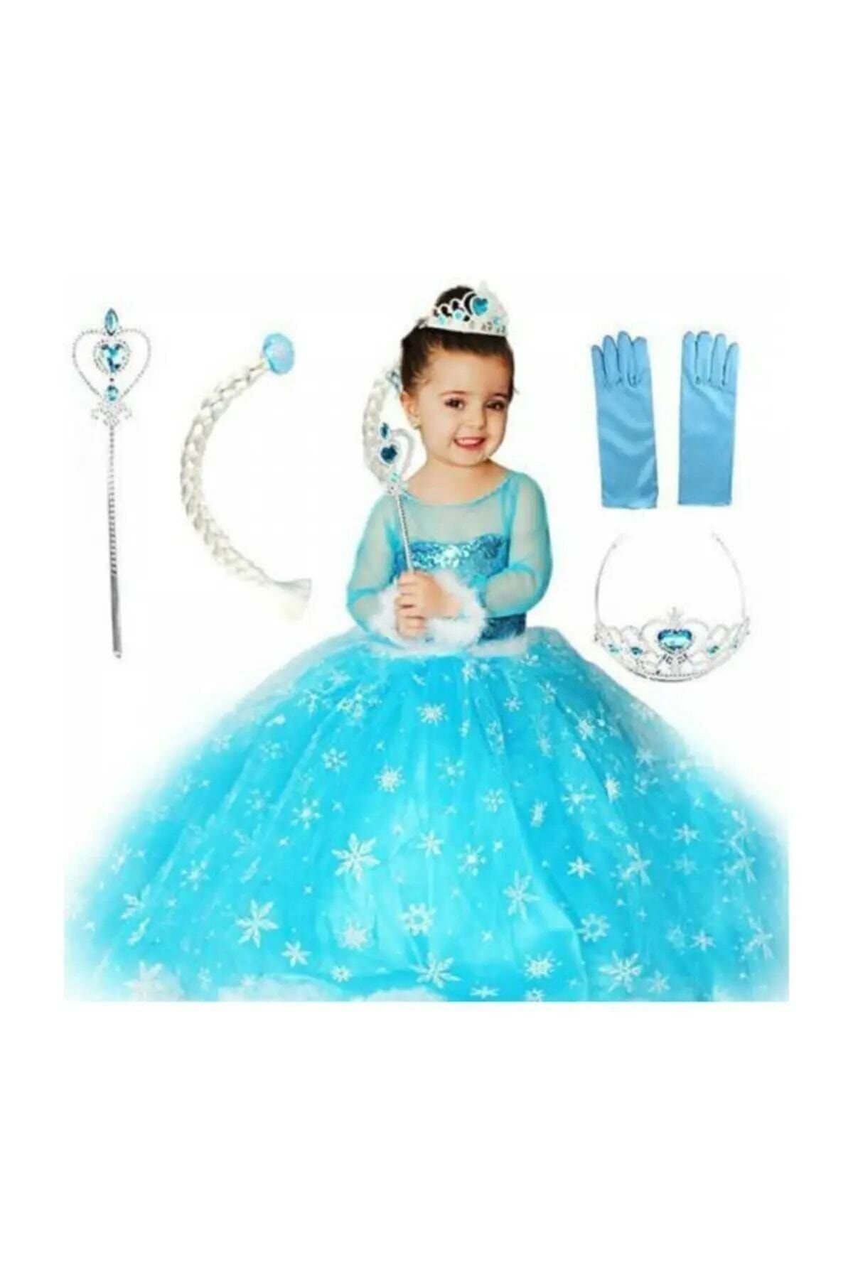 DEHAMODA Kız Çocuk Mavi Uzun Kol Simli Tarlatanlı Full Set Elsa Kostümü
