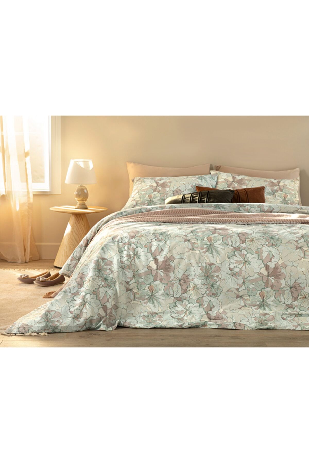 English Home Geranium Pamuklu Çift Kişilik Nevresim Seti 200x220 Cm Su Yeşili