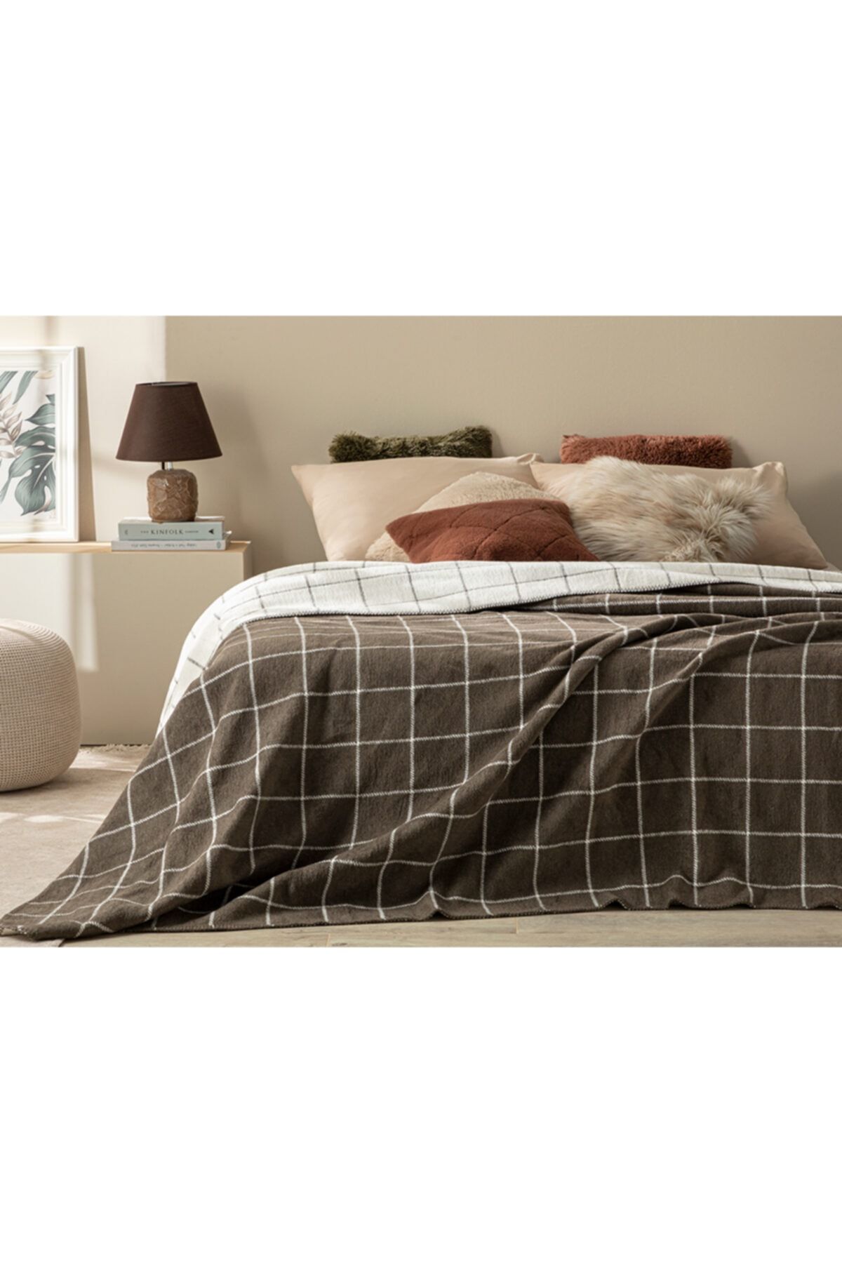 English Home Plain Check Pamuklu Çift Kişilik Battaniye 200x220 Cm Kahve