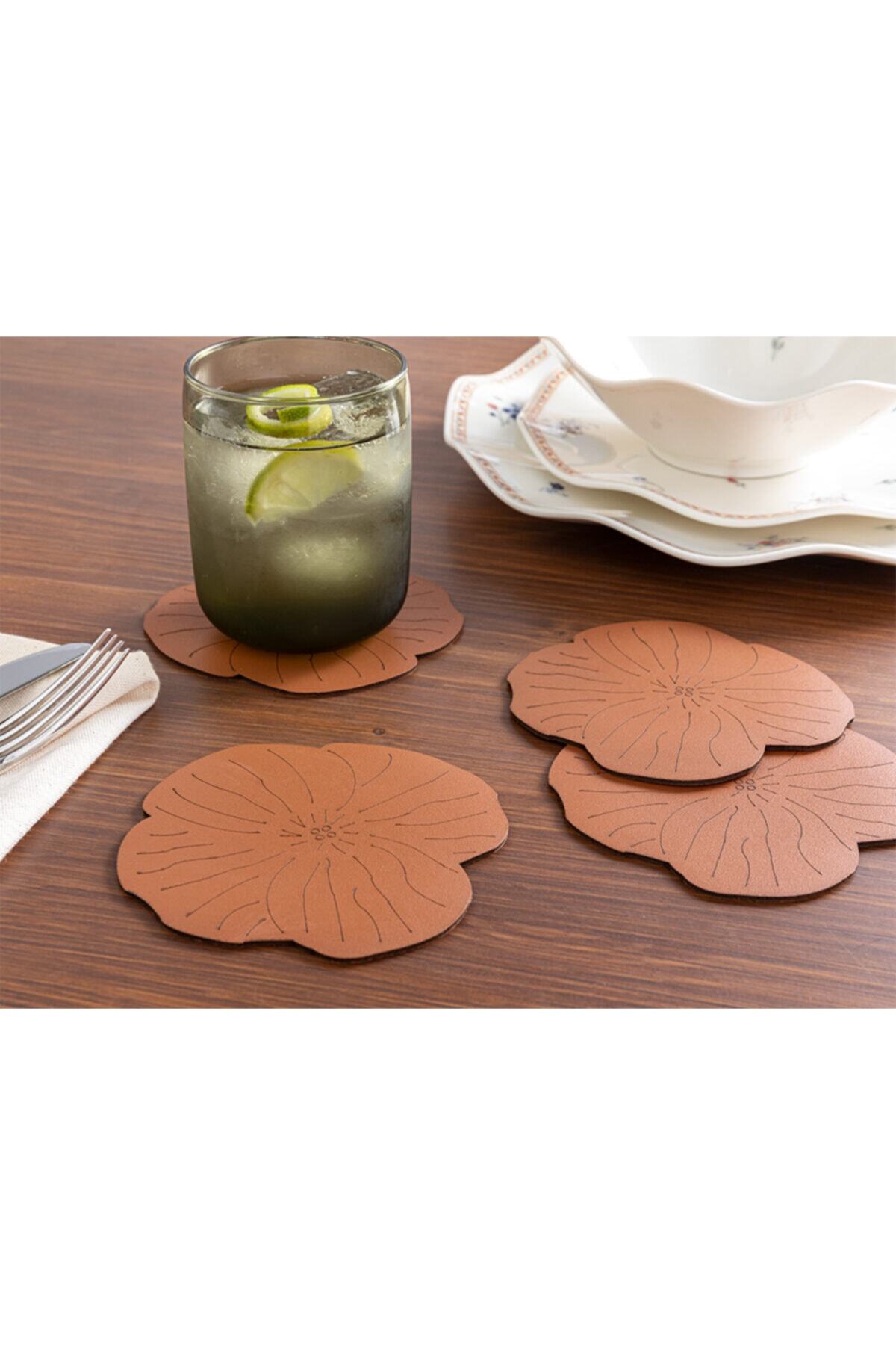 English Home Flowery Suni Deri 4'lü Bardak Altlığı 11 Cm Taba