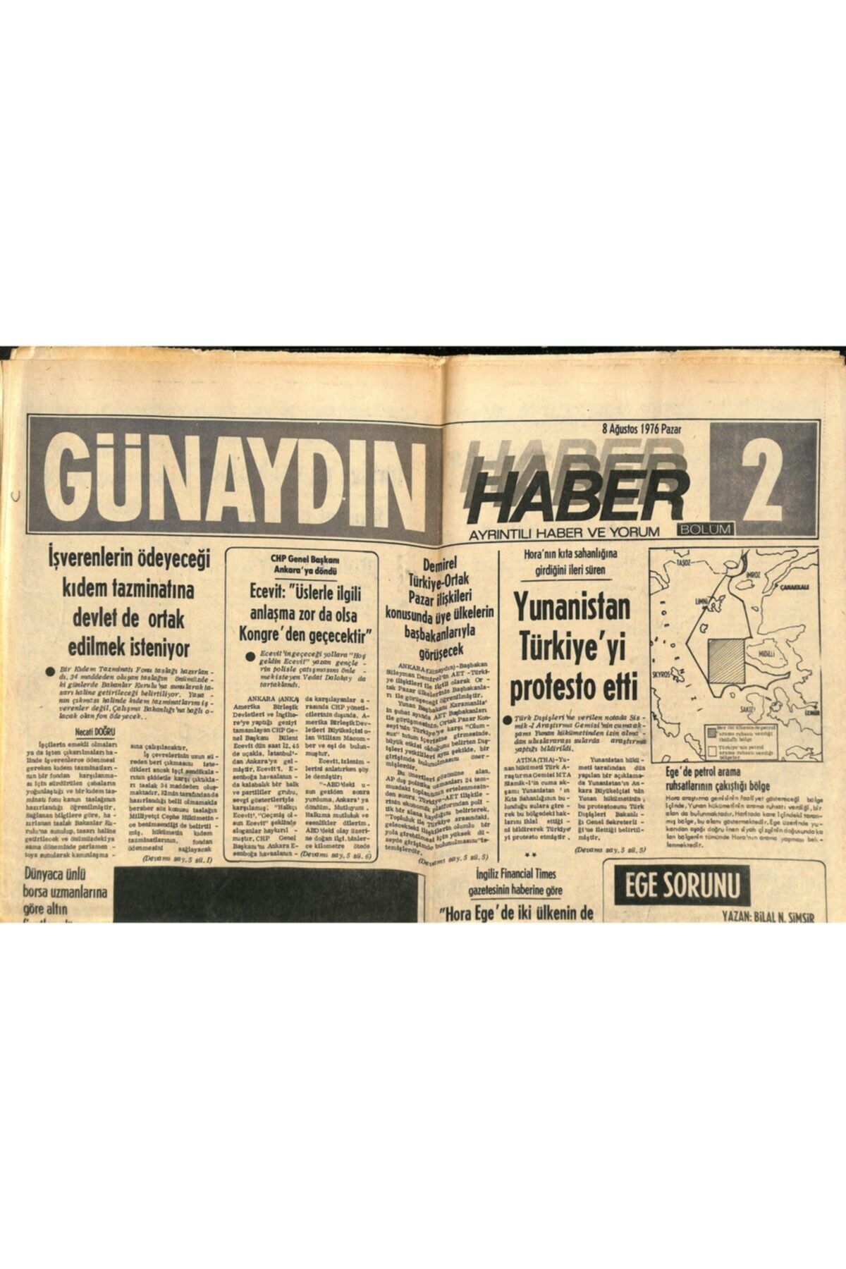 Gökçe Koleksiyon Günaydın Gazetesi Haber 2 Eki 8 Ağustos 1976 Osmanlı Devletinin Eseri Yunan Ticaret Filosu 1821 De