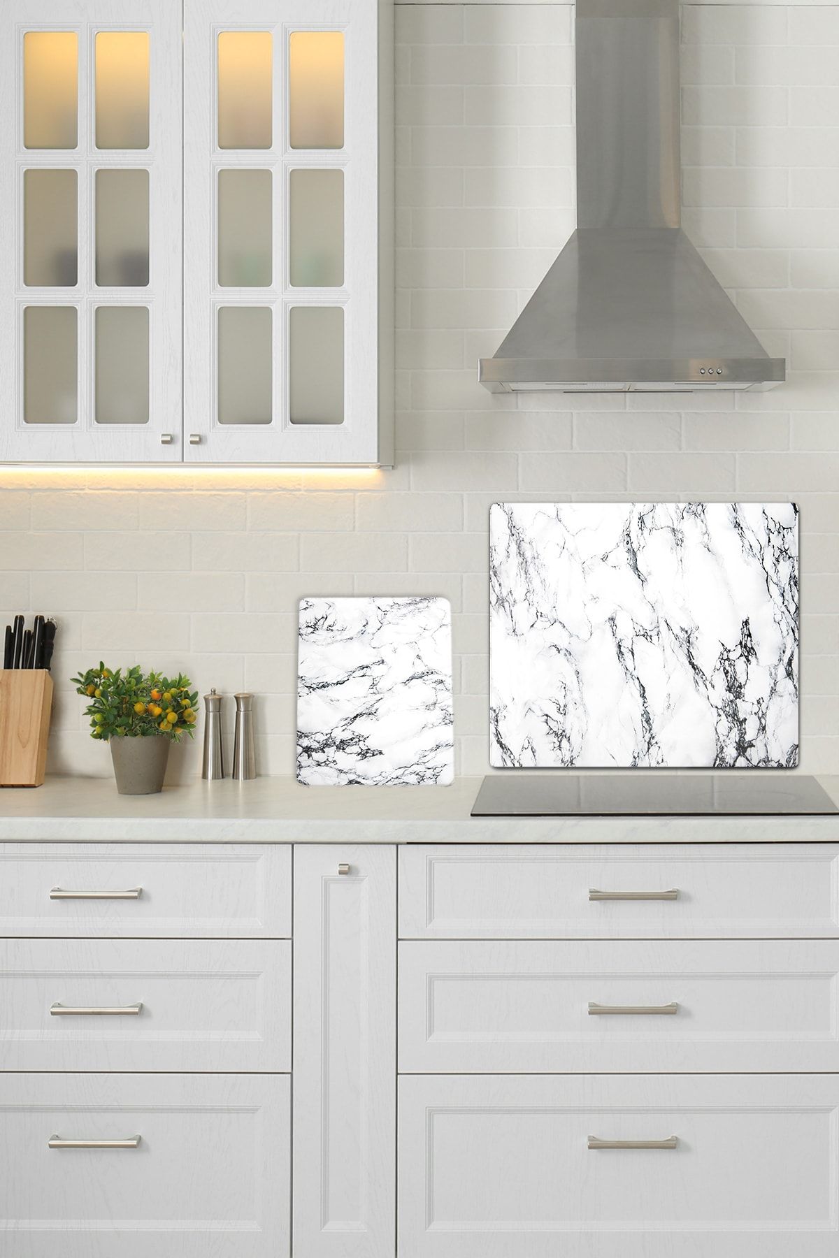 Decorita Beyaz Mermer Görünümlü Cam Kesme Tablası 2li Takım