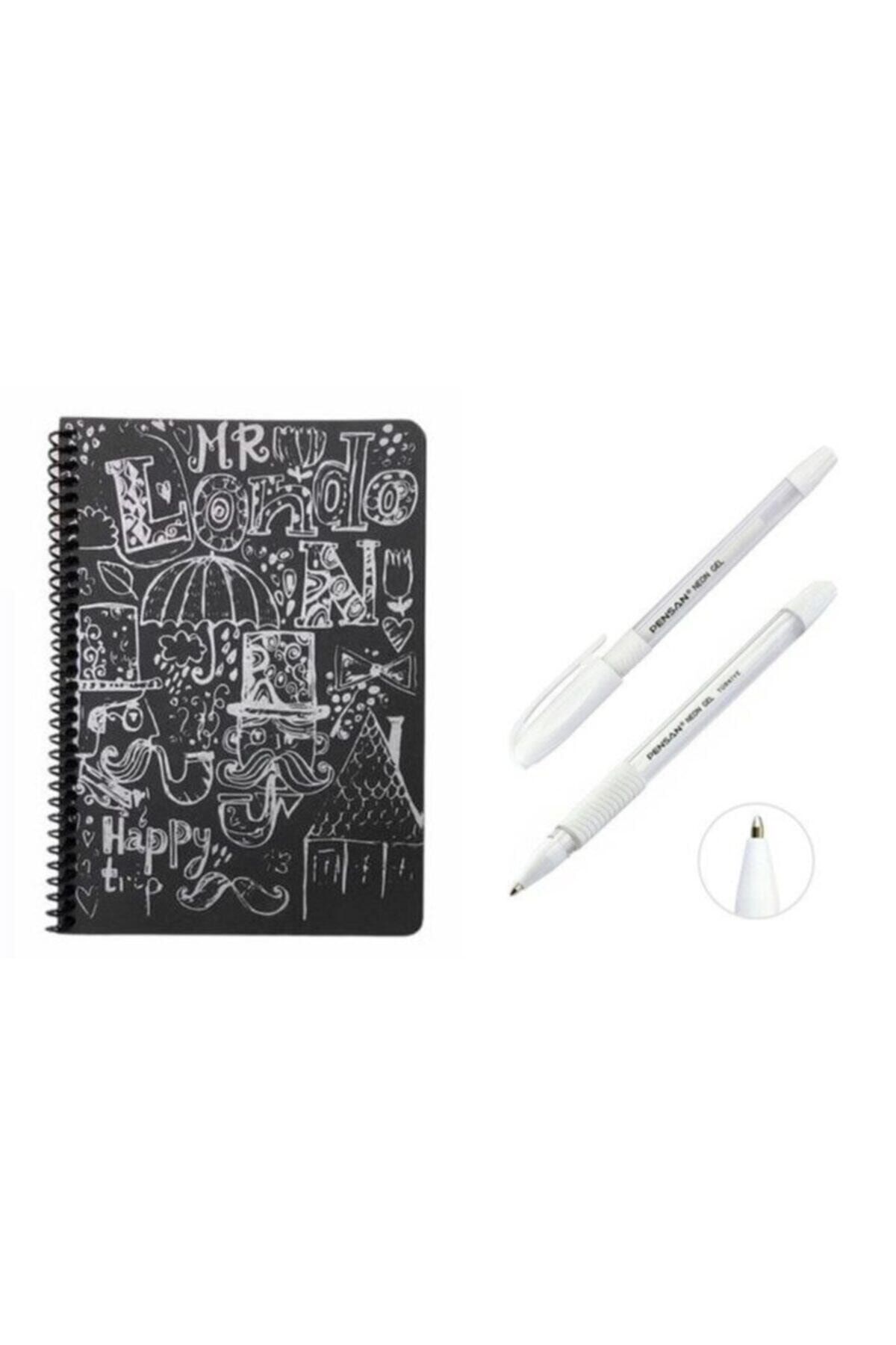 MEKAFİX Kapak Desenli Siyah Defter Siyah Yapraklı Defter - Siyah Sayfalı Defter Beyaz Jel Kalem Siyah