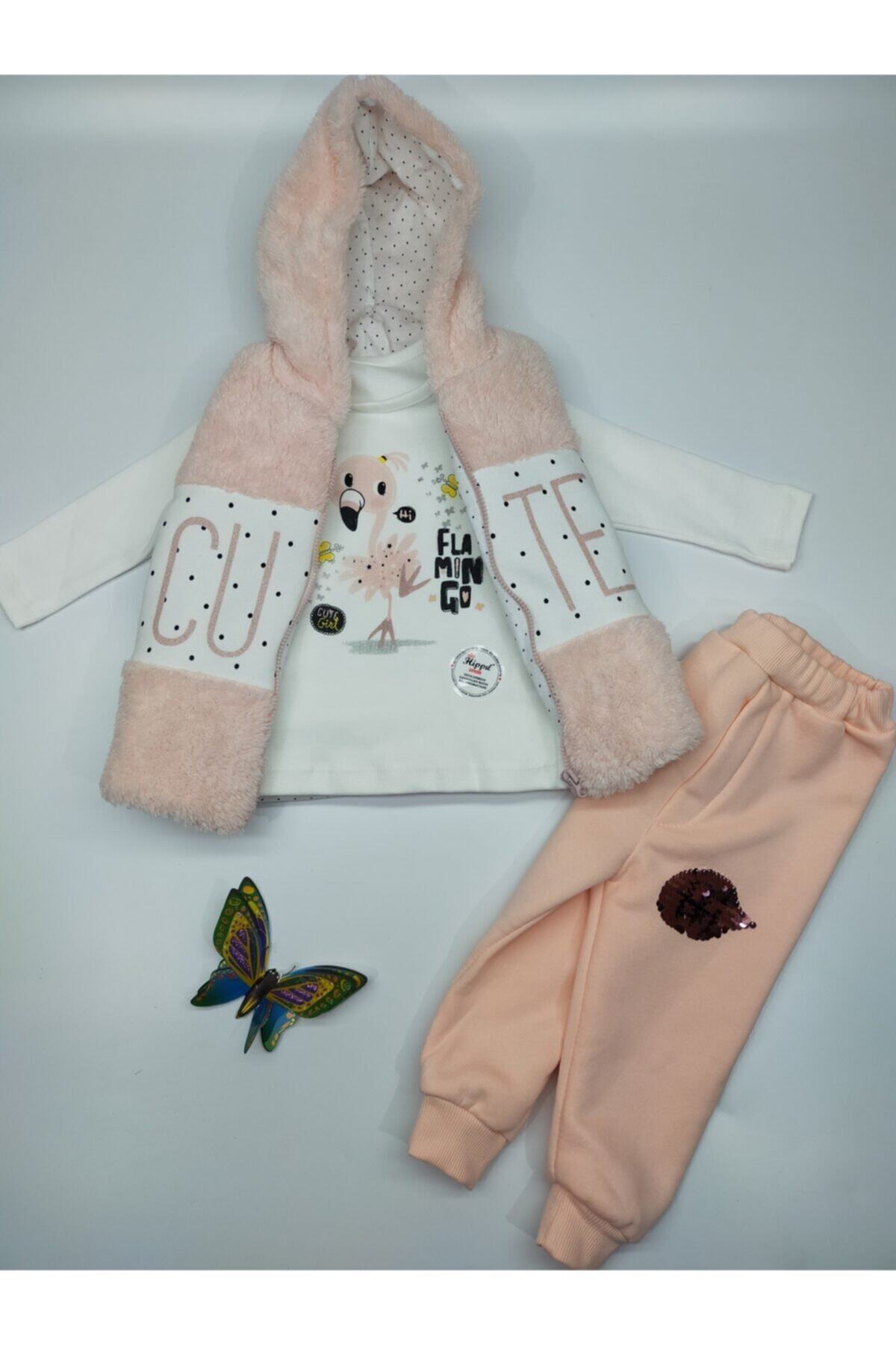 Hippıl Baby Kız Bebek Polarlı Yelekli 3 Lü Cute Takım-Somon