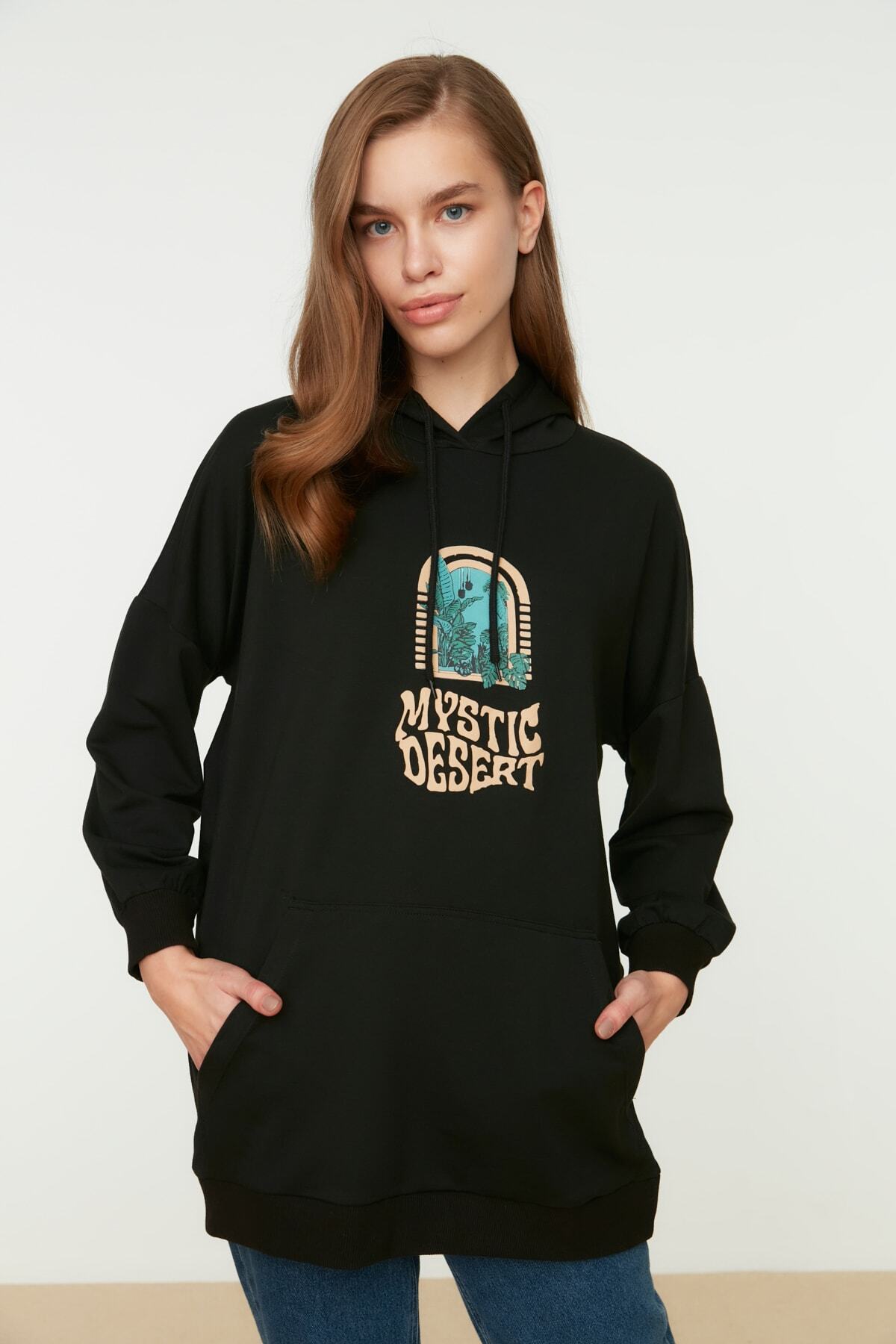 Trendyol Modest Siyah Kapüşonlu Örme Sweatshirt TCTAW22TW0058
