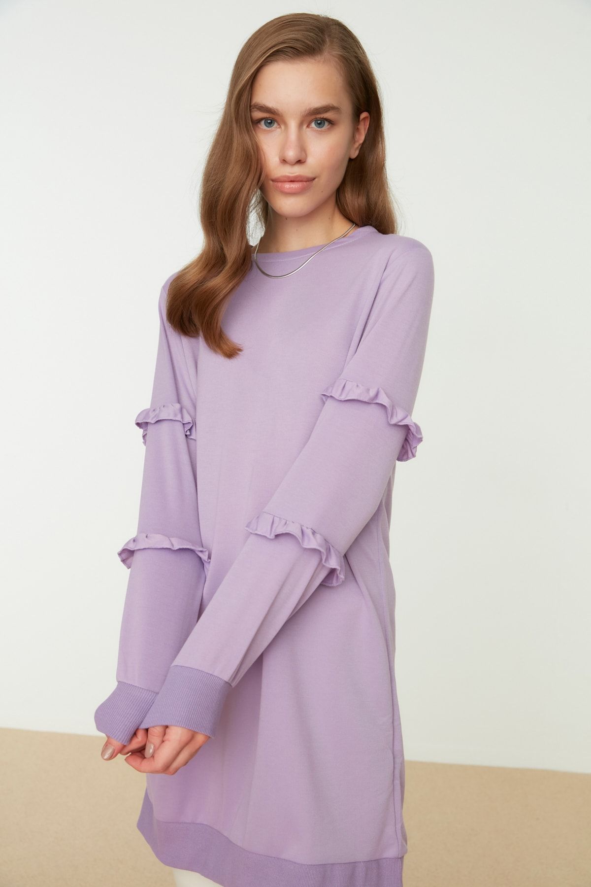 Trendyol Modest Lila Bisiklet Yaka Kolda Fırfırlı Örme Tesettür Tunik TCTSS21TN0088
