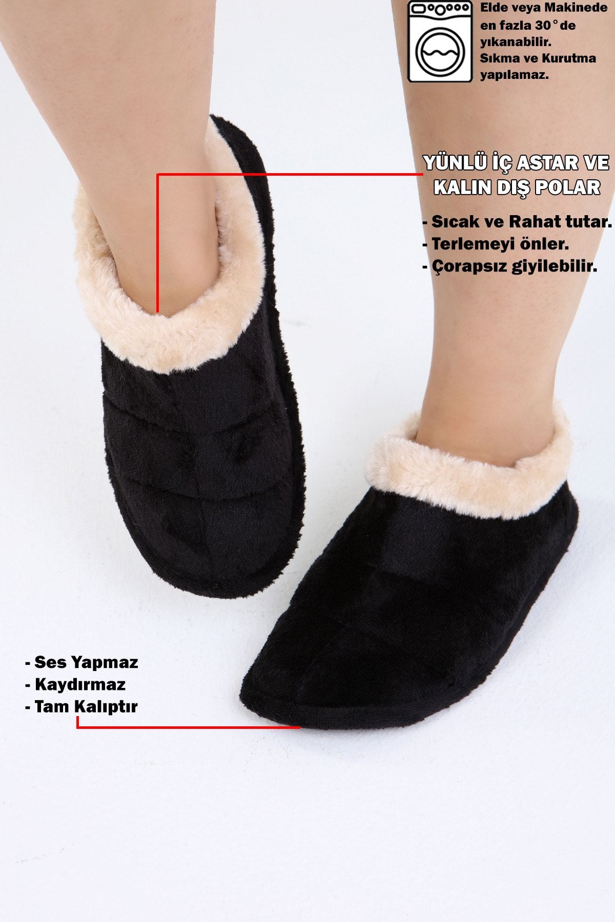 Beyond Içi Yünlü Ev Ayakkabısı Panduf Unisex Kaydırmaz Taban Siyah