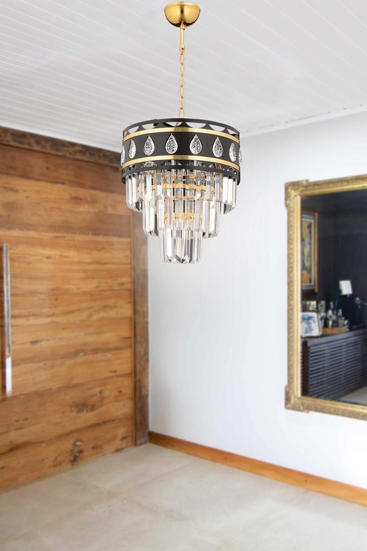 Luna Lighting Luxury Kristal Damla Avize 30luk Gold Siyah