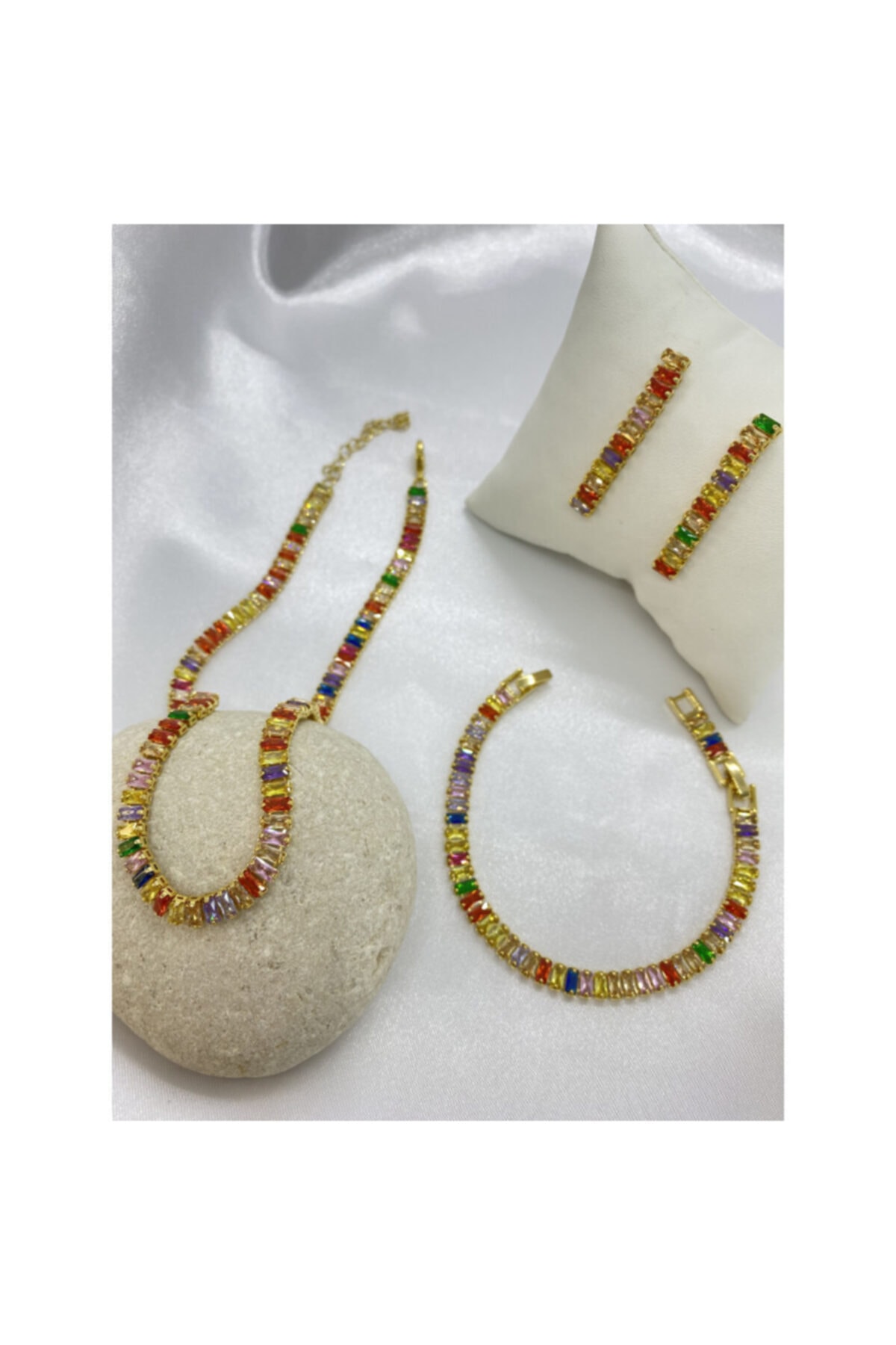 Peri Takı Renkli Zirkon Baget Taşlı Suyolu Kombin Set