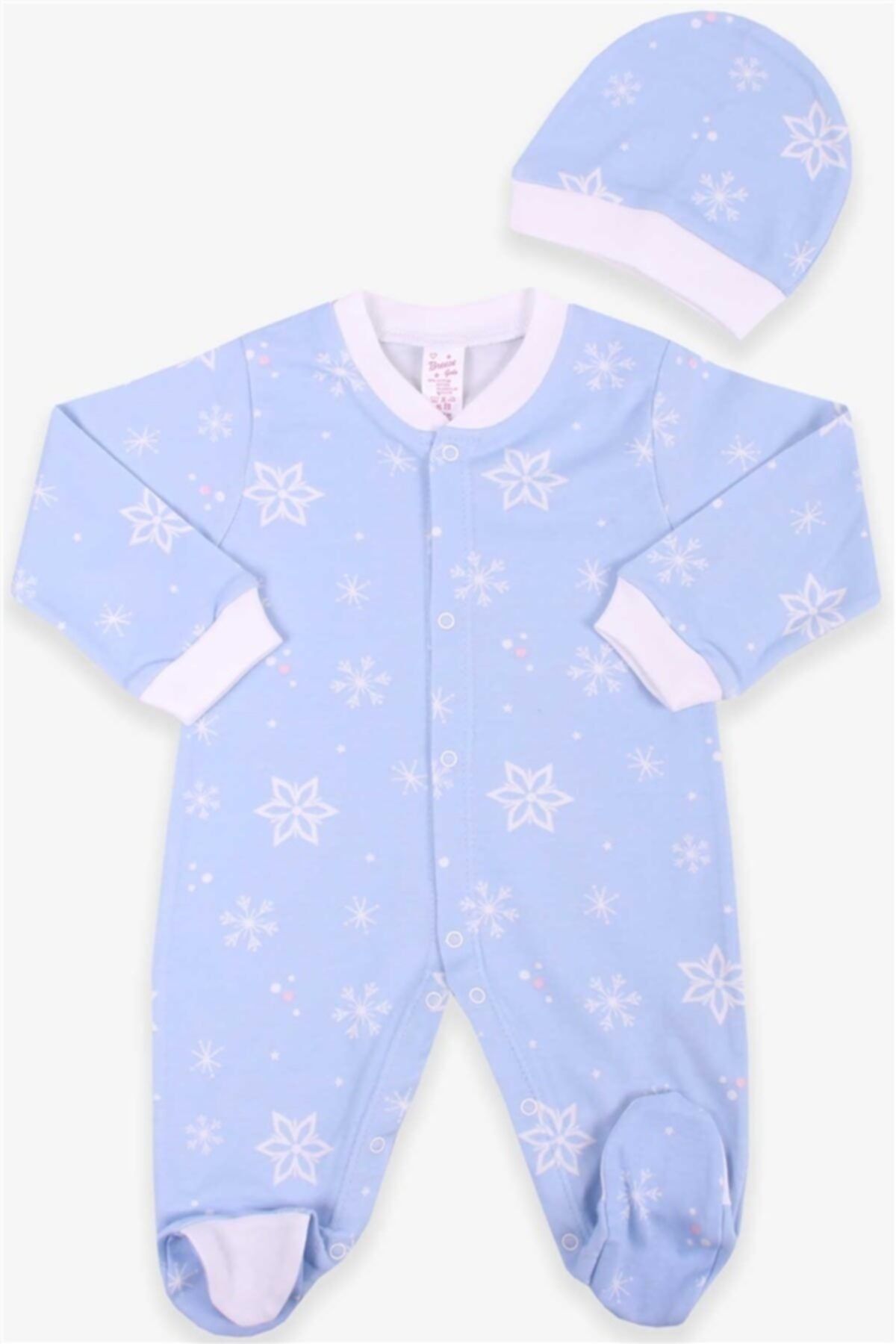 moto angela Kız Bebek Tulum Kar Tanesi Desenli Şapkalı Set Bebe Mavisi Soft Giyim (0-3-6 Ay)