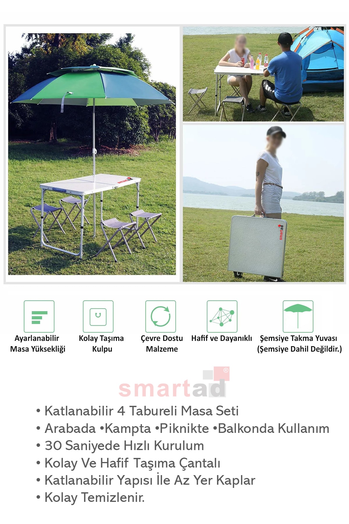 Smartad 4 Tabureli Çantalı Katlanabilir Masa Seti