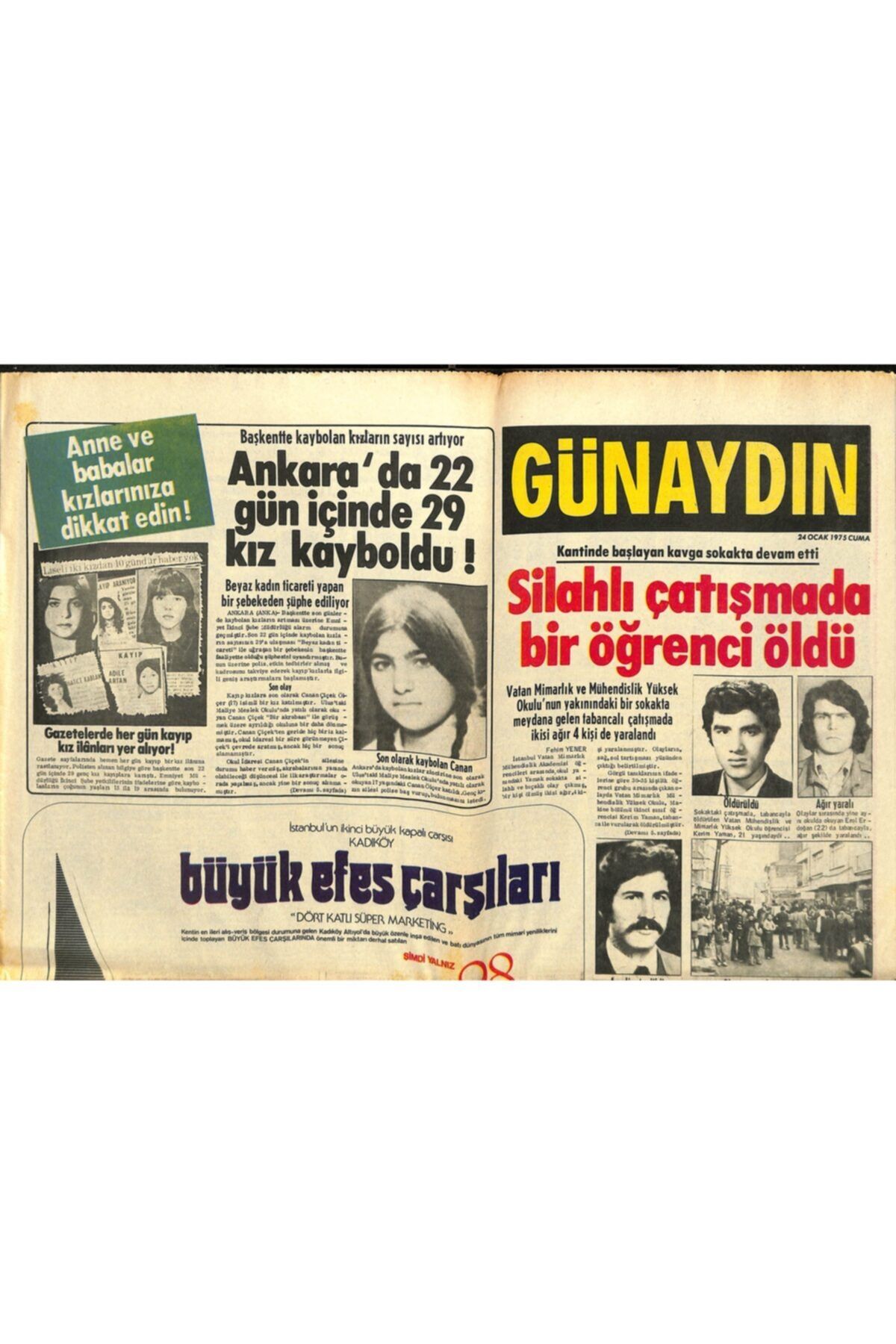 Gökçe Koleksiyon Günaydın Gazetesi 24 Ocak 1975 - Ankara'da 22 Gün Içinde 29 Kız Kayboldu !