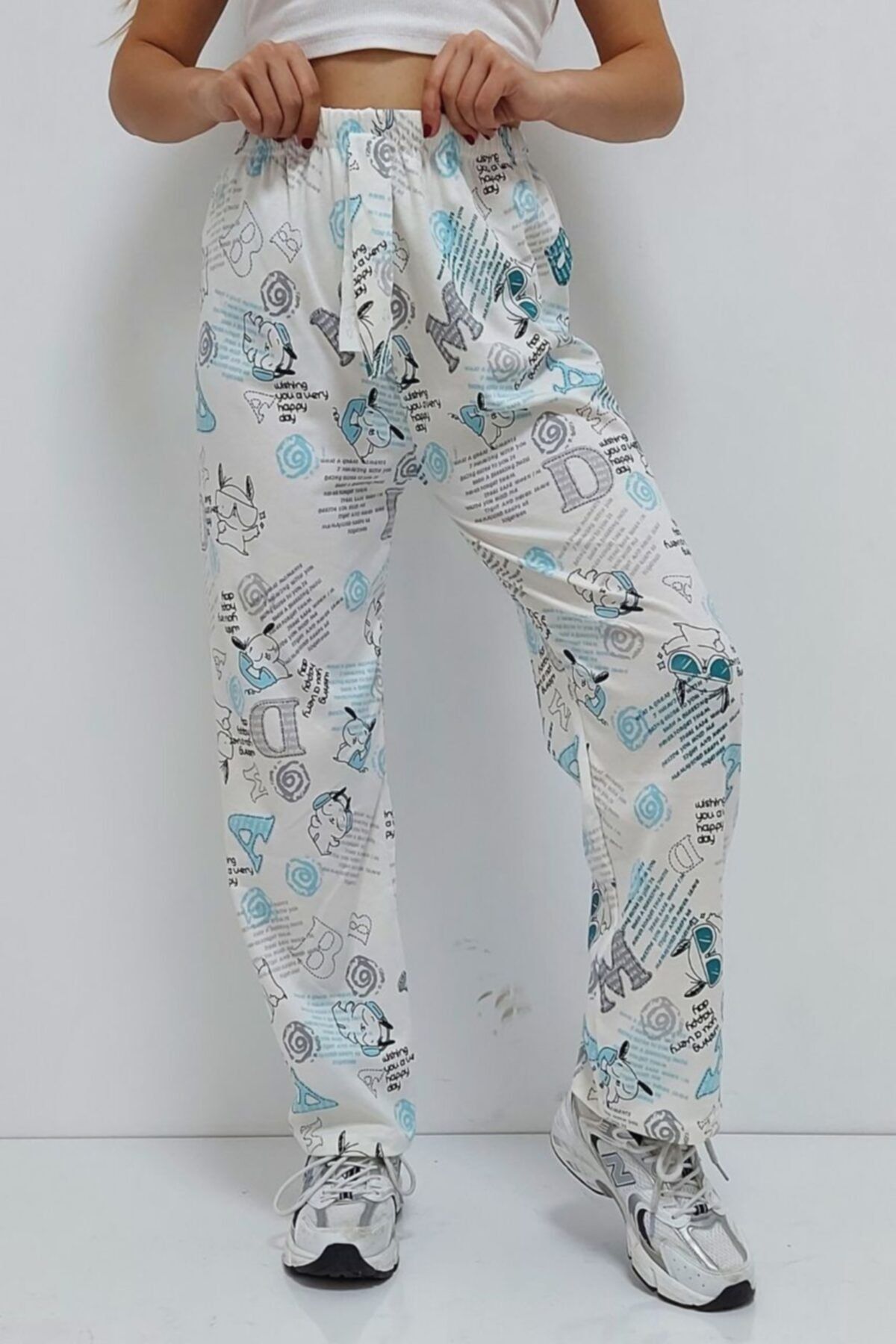 KombinellaGiyim Dijital Baskılı Pijama Altı Beyaz