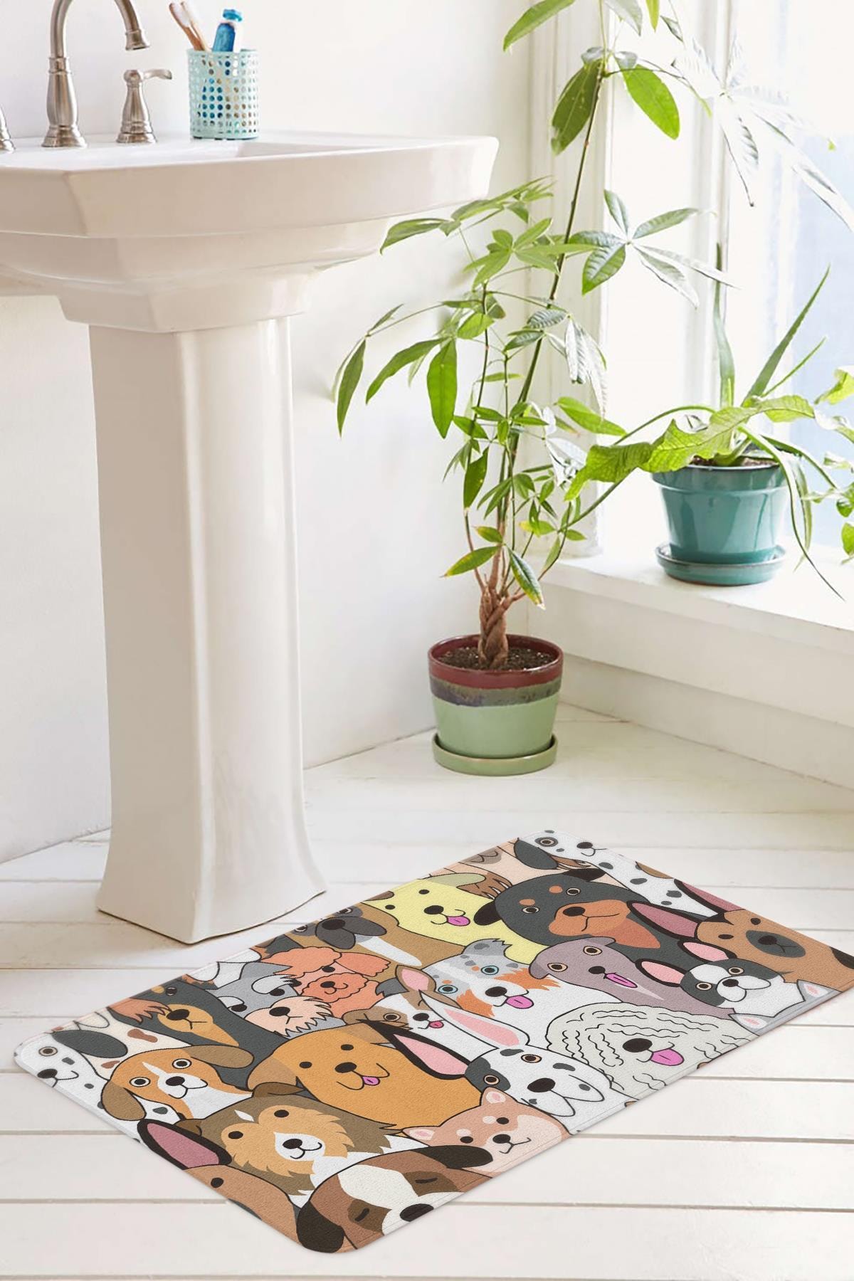 Monnhein Renkli Köpekler Banyo Paspası Kaymaz Tabanlı Klozet Paspası 100x60cm