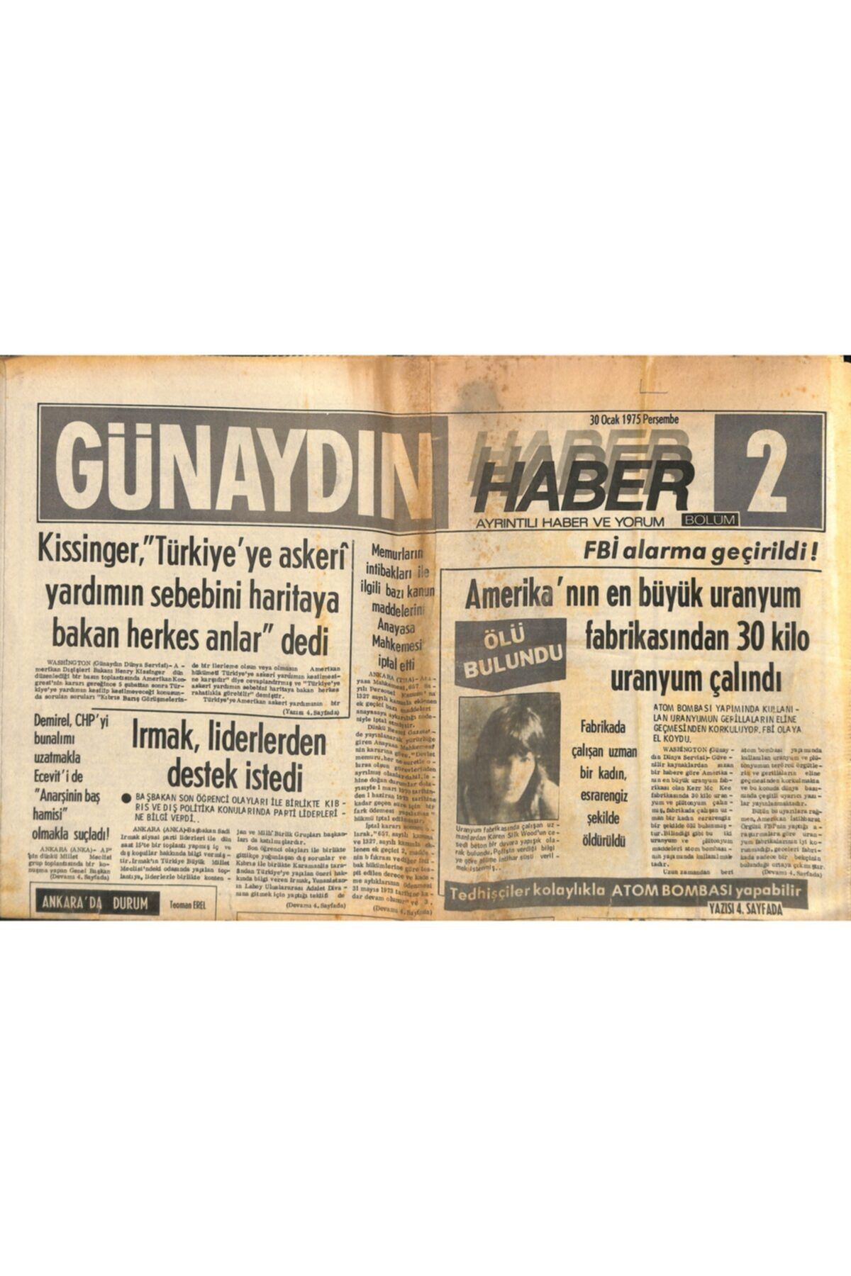 Gökçe Koleksiyon Günaydın Gazetesi Haber 2 Eki 30 Ocak 1975 - Amerika'nın En Büyük Uranyum Fabrikasından 30 Kilo Uran