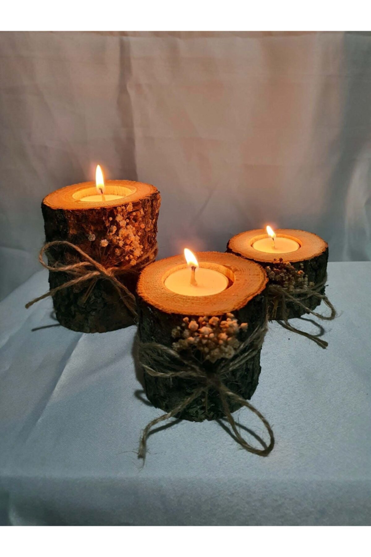 tzenwear 3'lü Dekoratif Doğal Ahşap Kütük Mumluk Tea Light Mumluk
