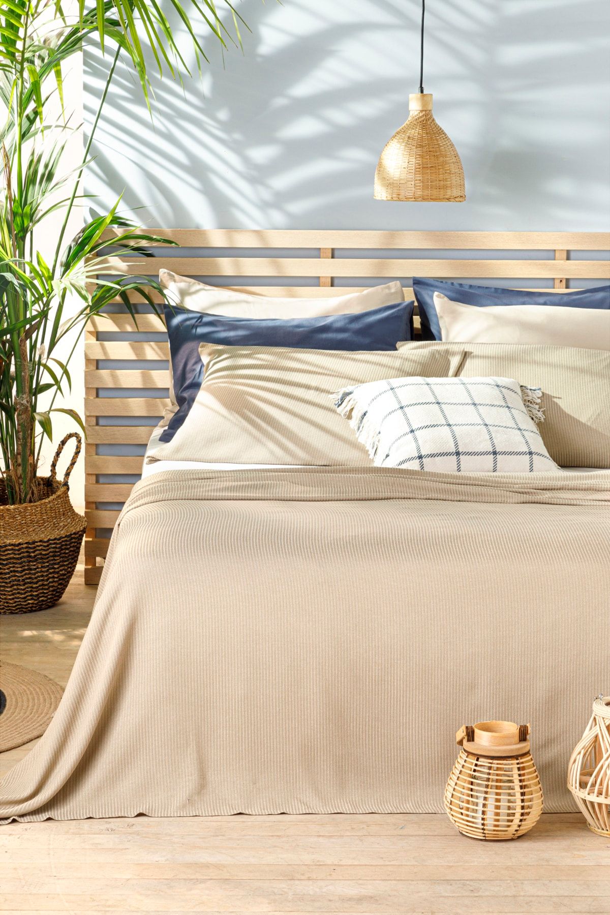 English Home Cool Stripe Soft Touch Çift Kişilik Pike Seti 200x220 Cm Bej