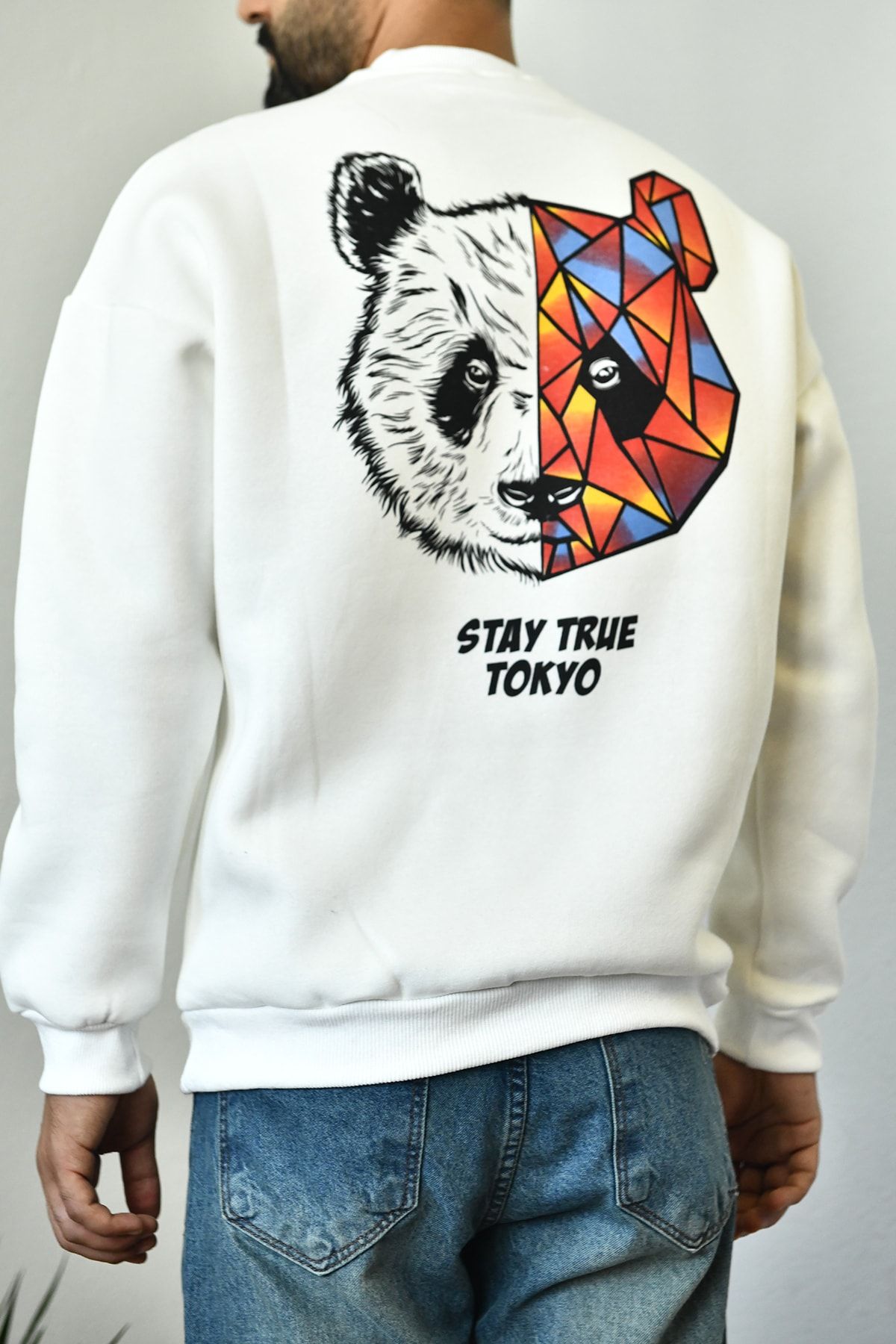Lupin man Unisex Ekru Renk Oversize Panda Baskılı 3 Iplik Şardonlu Sweatshirt