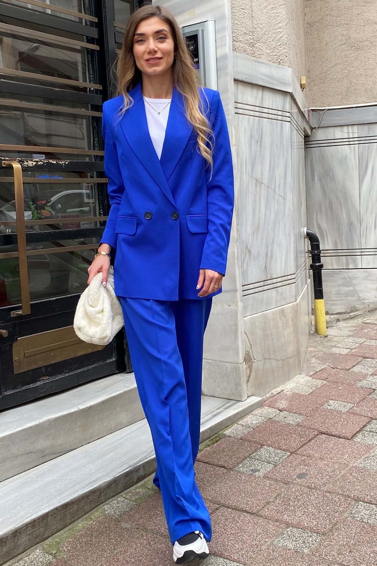 KÜBRA BOUTIQUE Saks Mavi Palazzo Pantolon Ceket Takım