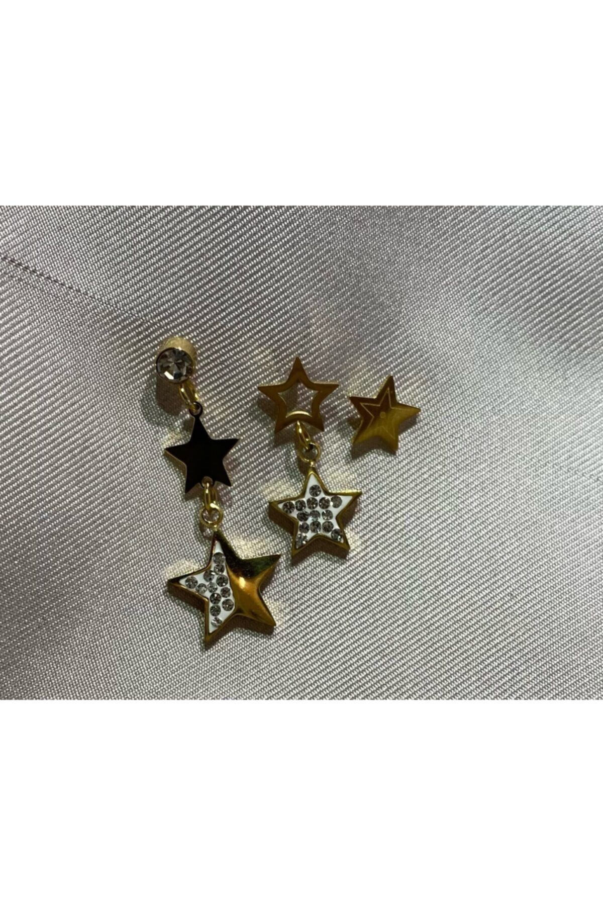 Arus Kadın Gold Çelik Yıldız Üçlü Set Küpe