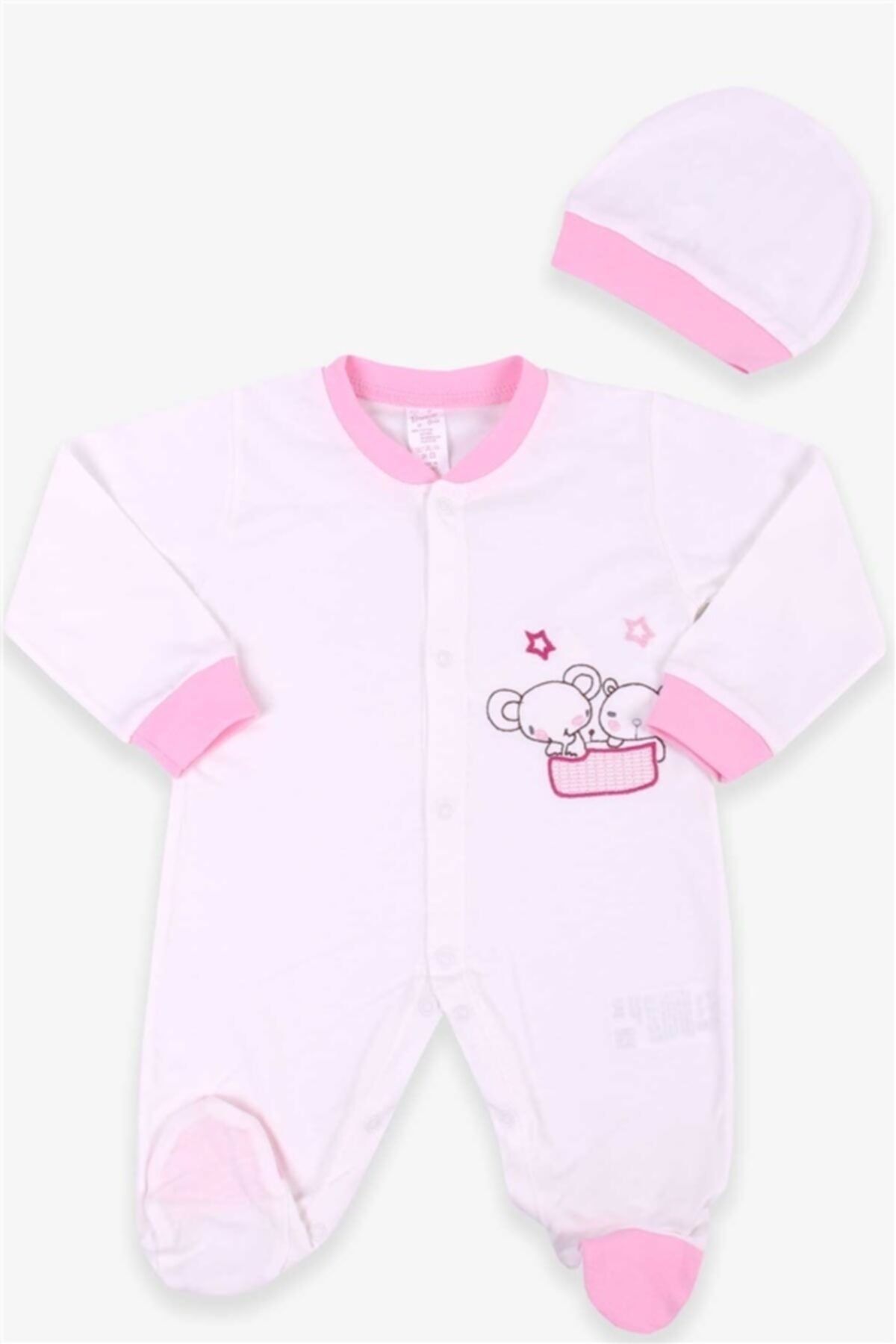 moto angela Kız Bebek Tulum Nakışlı Şapkalı Set Ekru Soft Giyim (0-3-6 Ay)