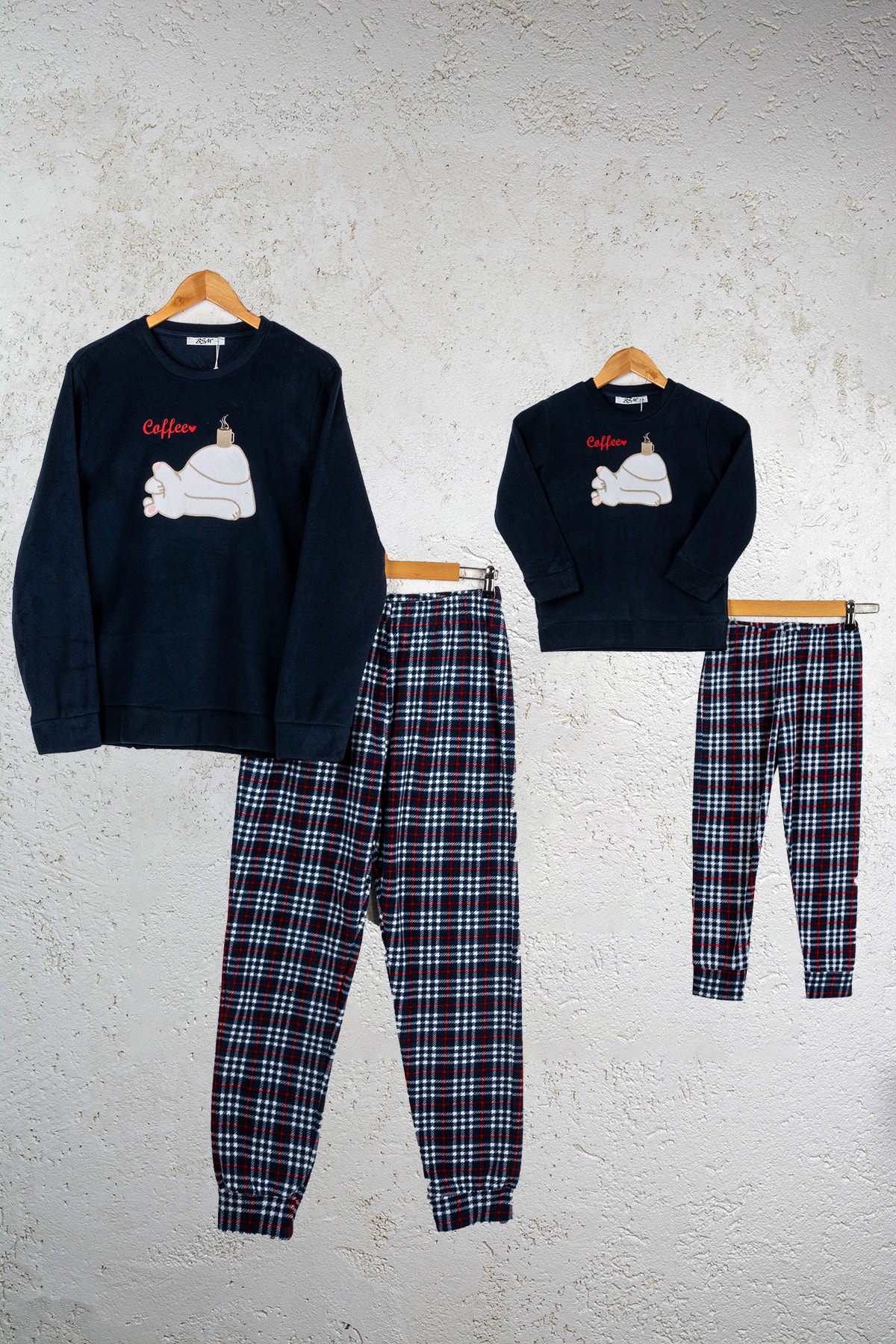 BSM Aile Kombini Baba Oğul Lacivert Polar Ekoseli Yüksek Kalite Uzun Kollu Pijama Takımı