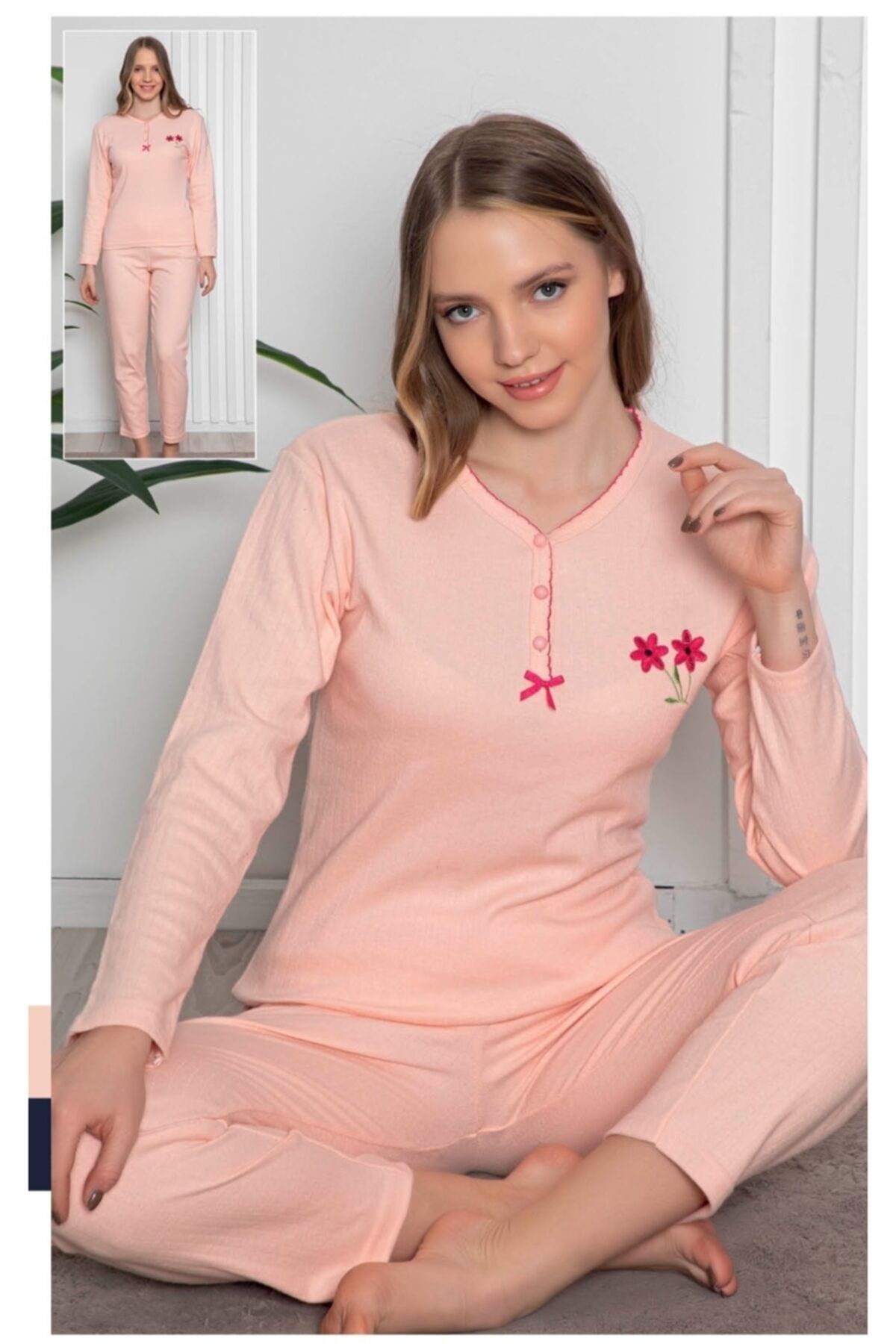 ZBTEKS Kışlık Çiçek Desenli Yaka Düğmeli Pijama Takımı