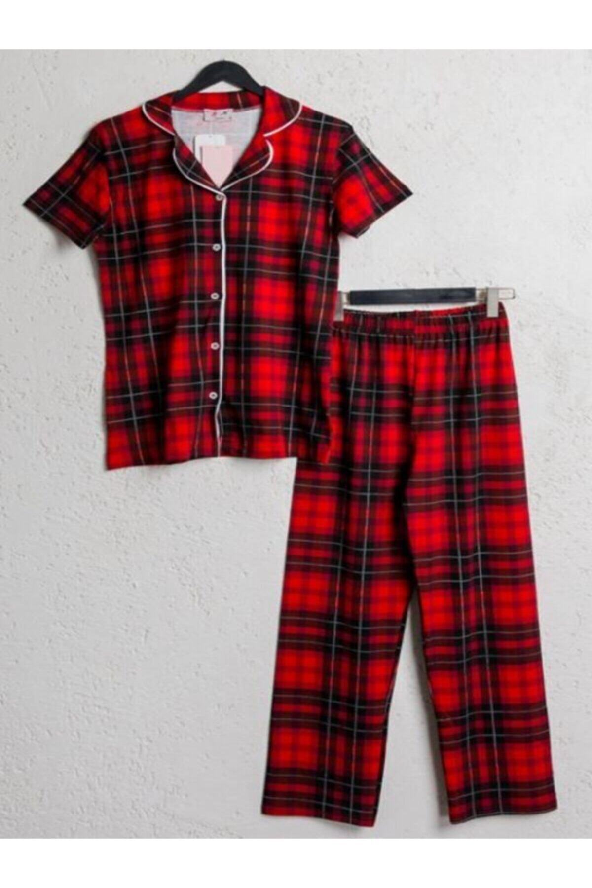 PMGiyim Kadın Kırmızı Ekose Pijama Takım