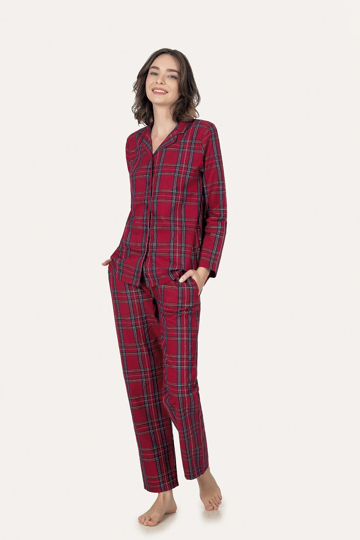 NBB Kırmızı Ekose Önden Düğmeli Pijama Takımı