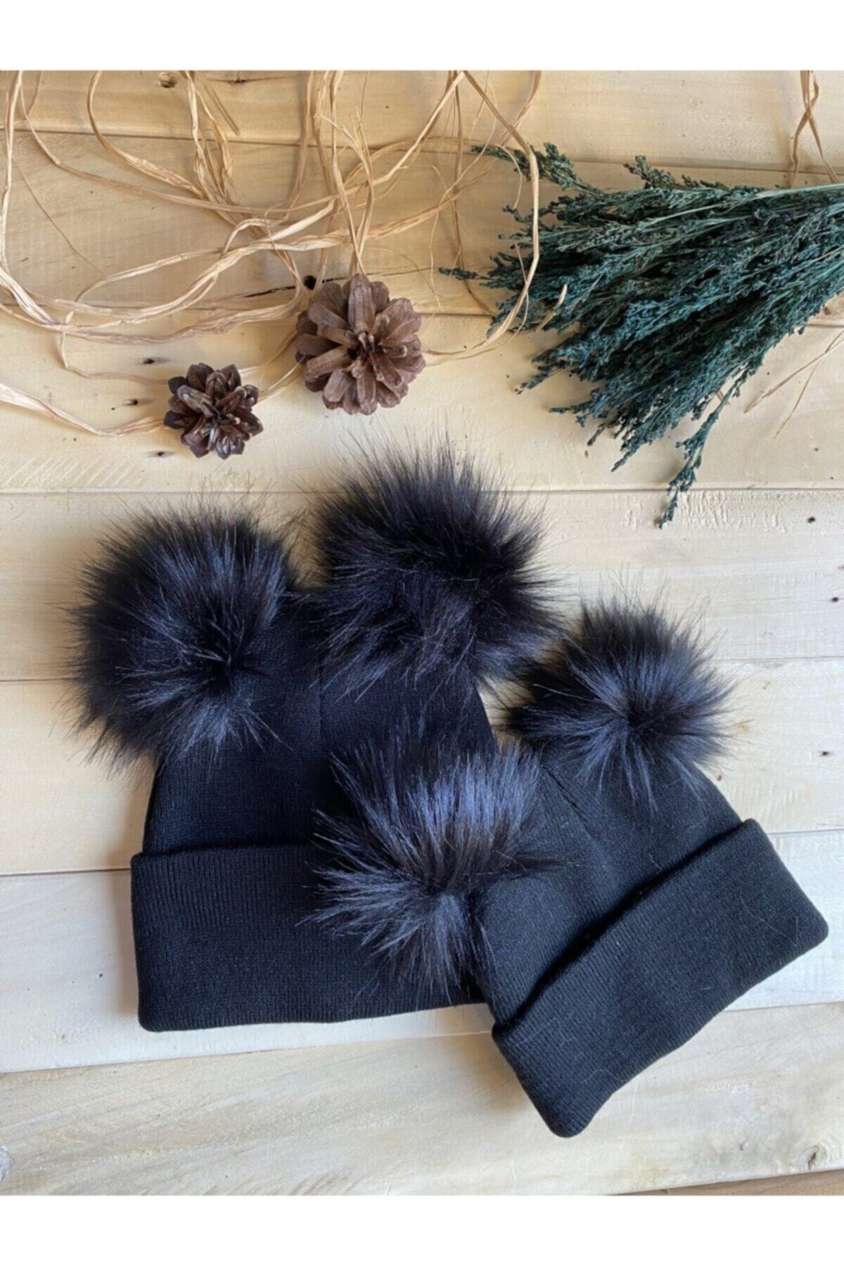 MARSEL BUTİK Siyah Çift Ponpon Detaylı Anne Çocuk Bere