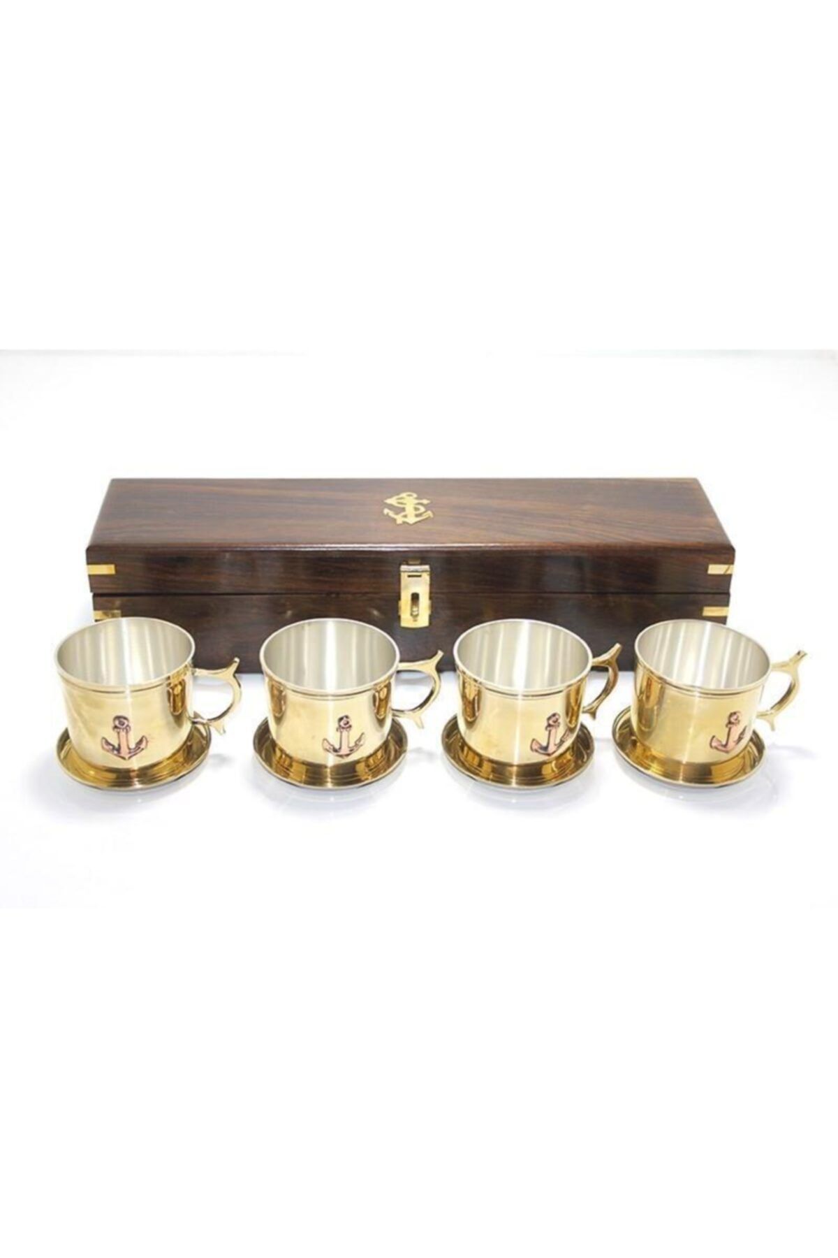 Dreamsshop Ahşap Kutulu 4 Lü Shot Bardak Pirinç Dekoratif Hediyelik