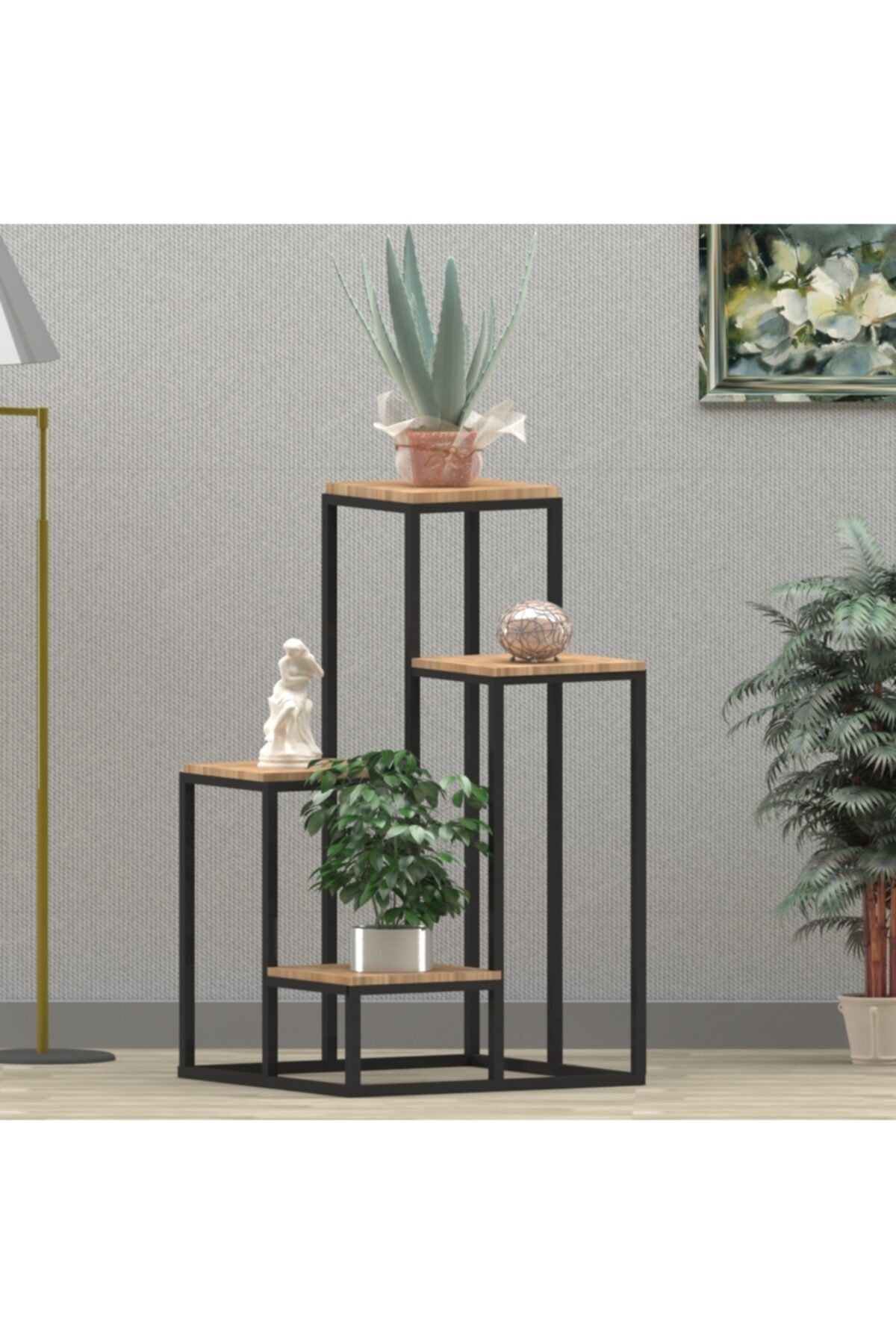 Uyan Ev Ürünleri Garden 4 Ahşap Raflı Metal Saksılık Dekoratif Kurulum Gerektirmeyen Saksı Standı Uynev9045essc
