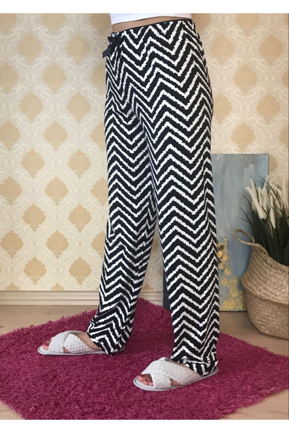 GUNESIHOME Kadın Rahat Kalıp Desenli Pijama Altı Lacivert Beyaz