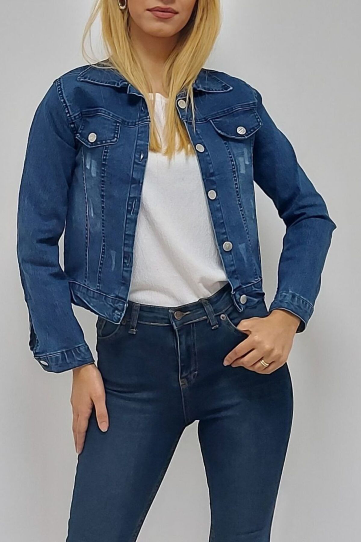 YAPRAKOUTLET Cepli Yırtıklı Kot Ceket Mavi