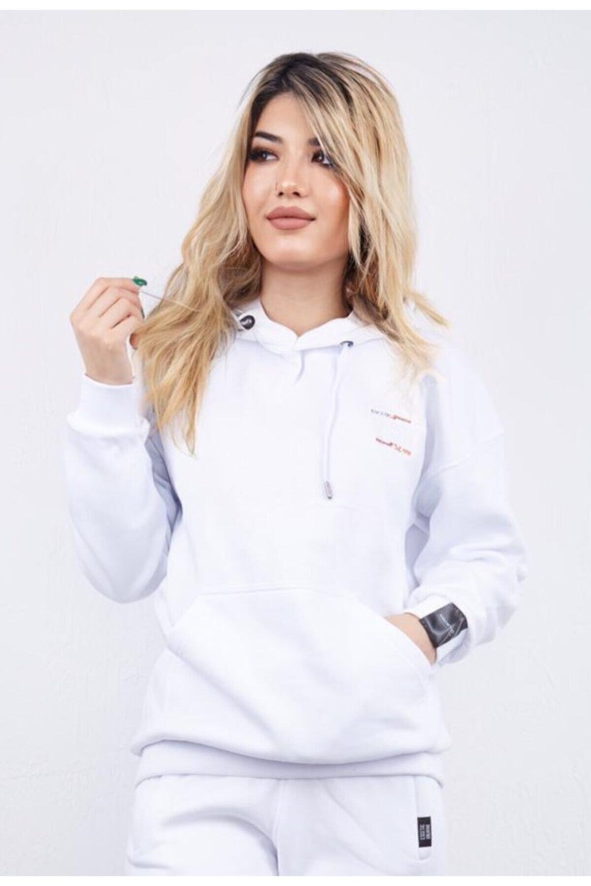Escetic Unisex Kadın / Erkek Beyaz 3 Iplik Kışlık Sweat
