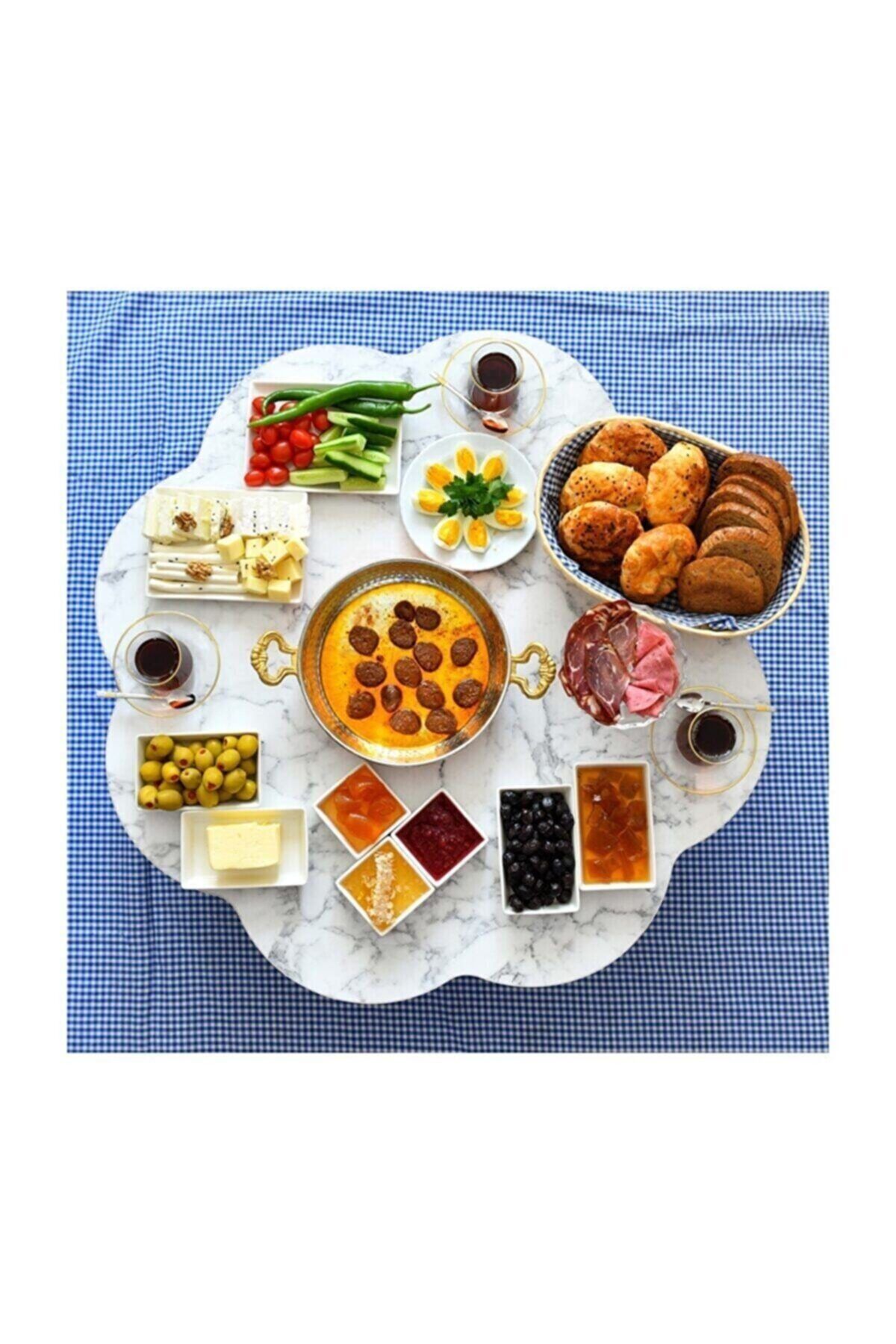 uygunglobal Beyaz Mermer Desenli Ahşap Katlanabilir Papatya Yer Sofrası 70 cm Yer Yemek Masası