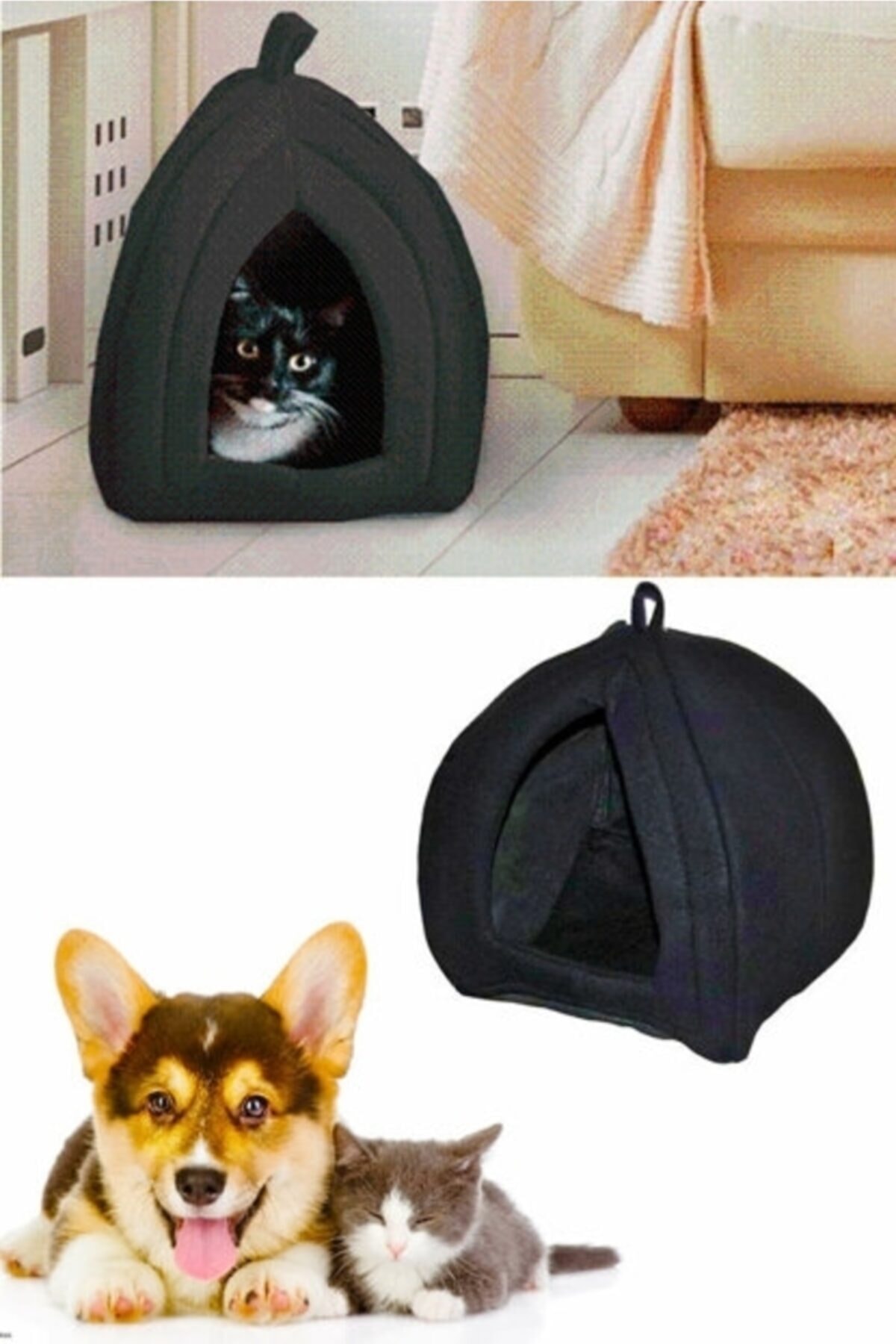 Bernam Butik Pet Hut Kedi Köpek Polarlı Peluş Evi-kulübesi-yatağı-minderi (siyah)