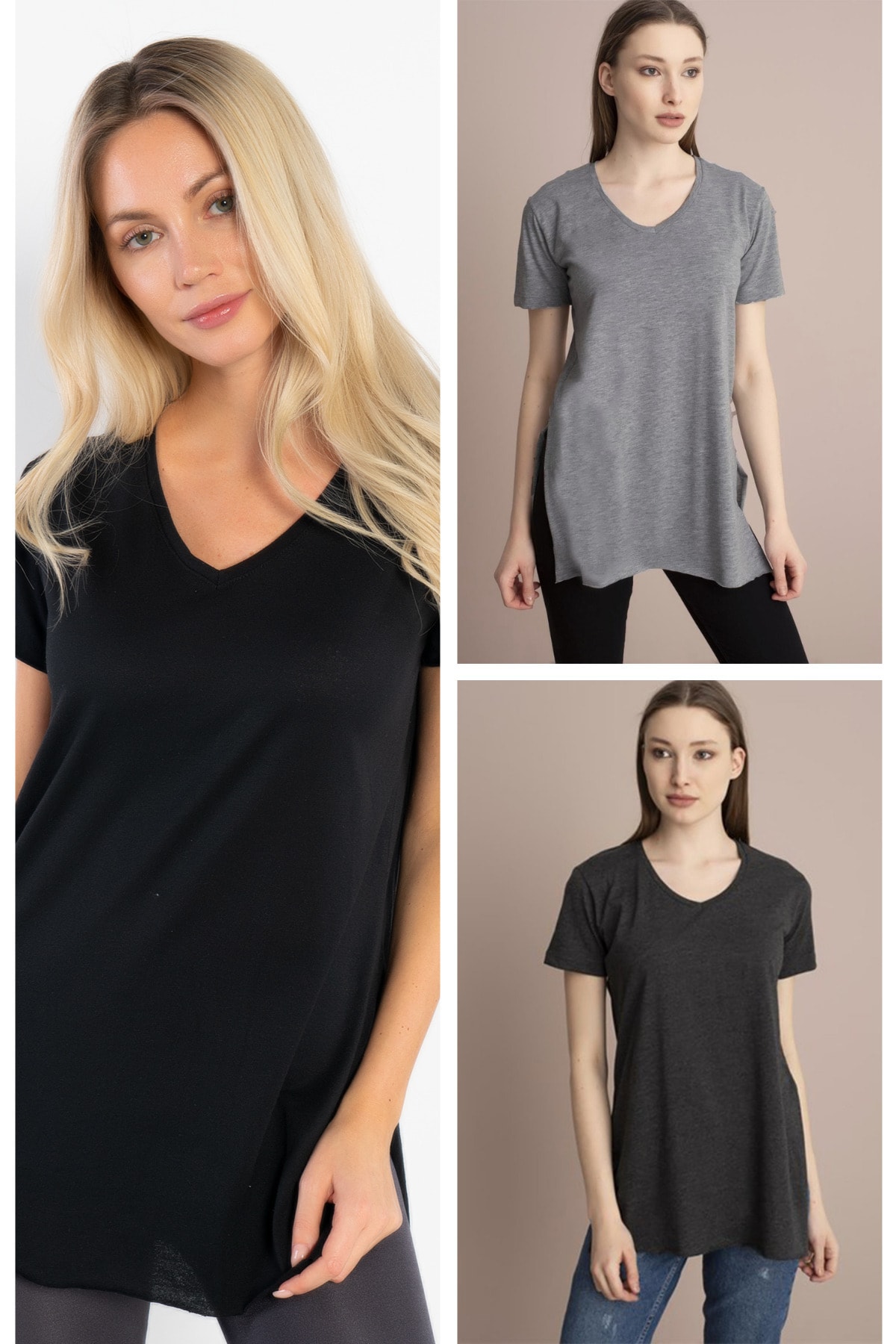 MODASSA Siyah Gri Antrasit V Yaka 3'lü Paket Yırtmaçlı Oversize T-shirt
