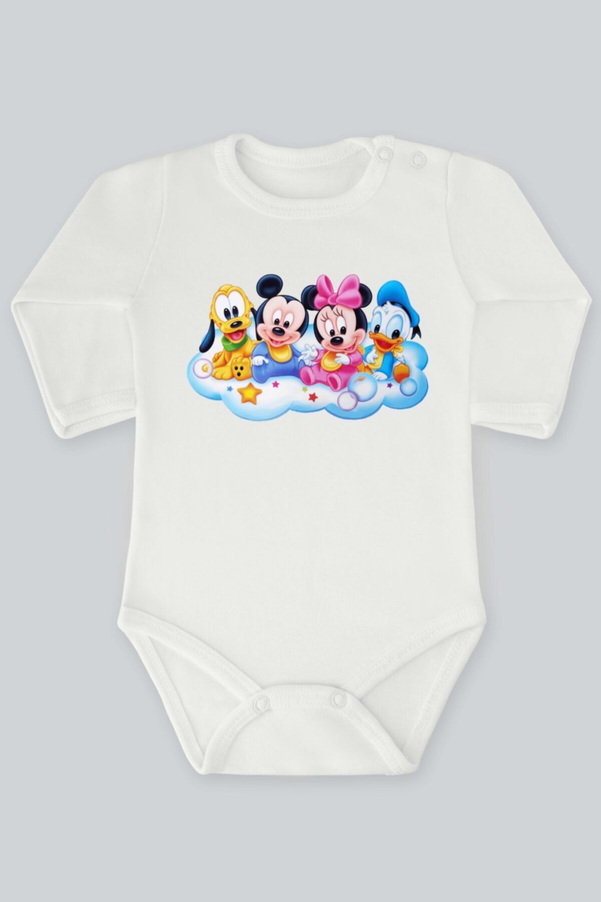 Kio Tasarım Mickey Mouse 4 Baskılı Bebek Body Zıbın Uzun Kollu Çıt Çıtlı Badi