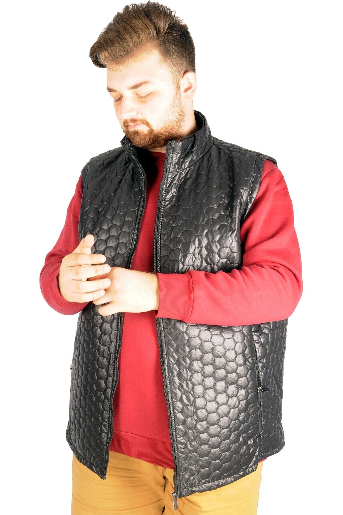 ModeXL Büyük Beden Erkek Yelek Basic Hexagon 21601 Siyah