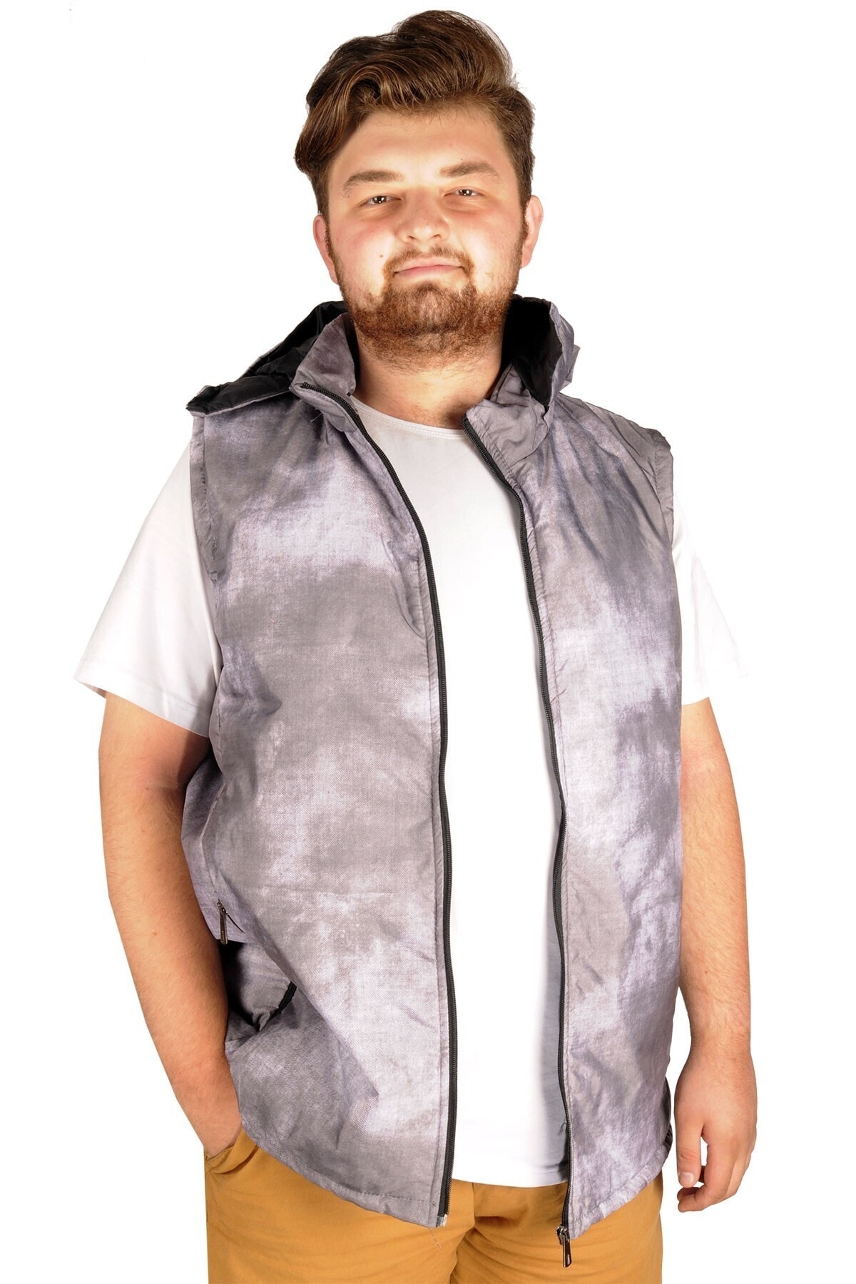 ModeXL Büyük Beden Erkek Yelek Kapşon Denim Mode 21614 Gri